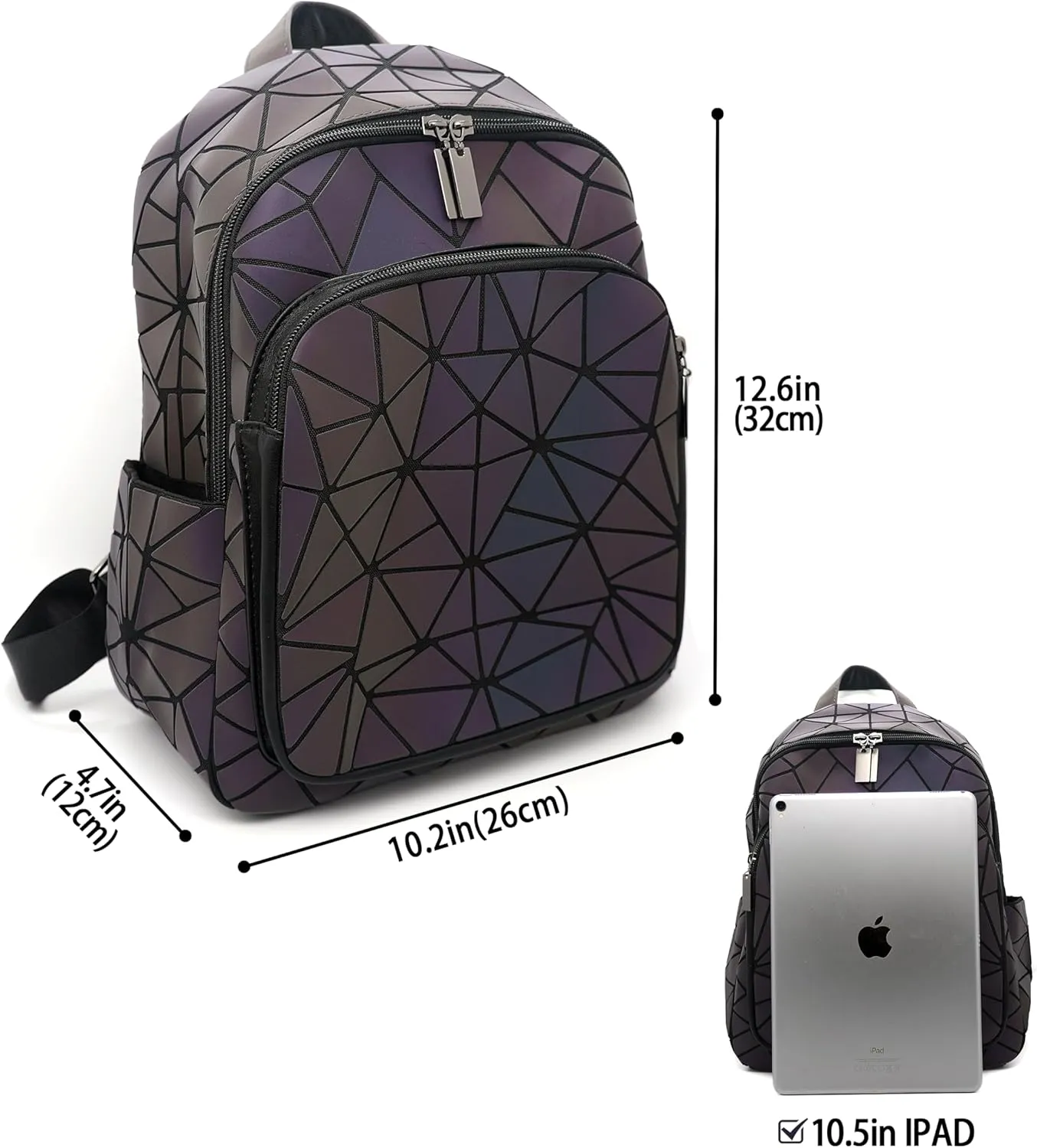 Geometric Women's Backpack Geometries Glow Large Purse Backpack Geometrical Luminous Bag Holographic Travel Bags Retro Daypack for Casual, College, Work