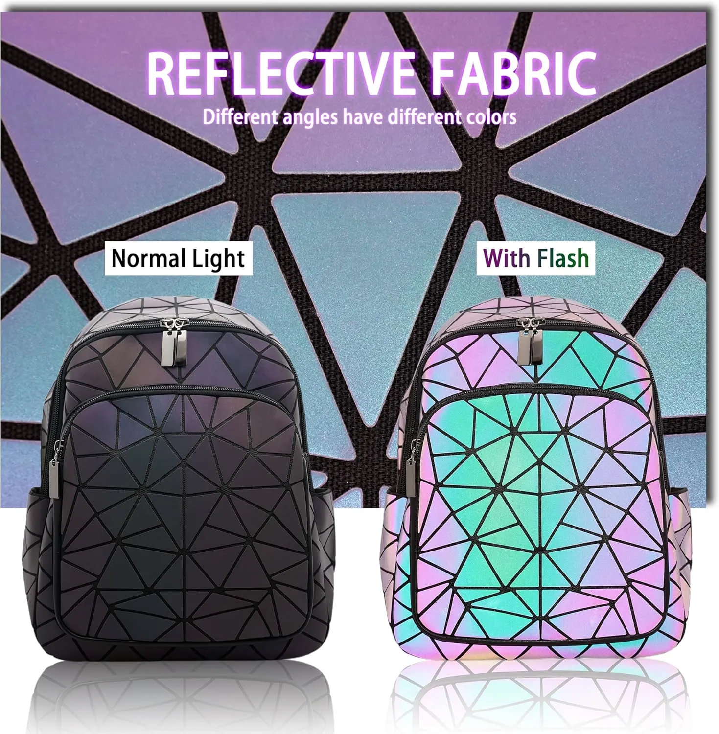 Geometric Women's Backpack Geometries Glow Large Purse Backpack Geometrical Luminous Bag Holographic Travel Bags Retro Daypack for Casual, College, Work