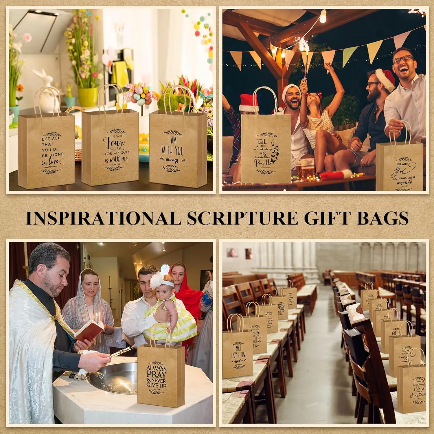 Gersoniel Christian Gift Bag Bulk Religious Kraft Medium Bible Verse Brown Christian Inspirational Church Welcome Gift Bags with Handle for Fathers Day Family Baptism(108 Pcs)