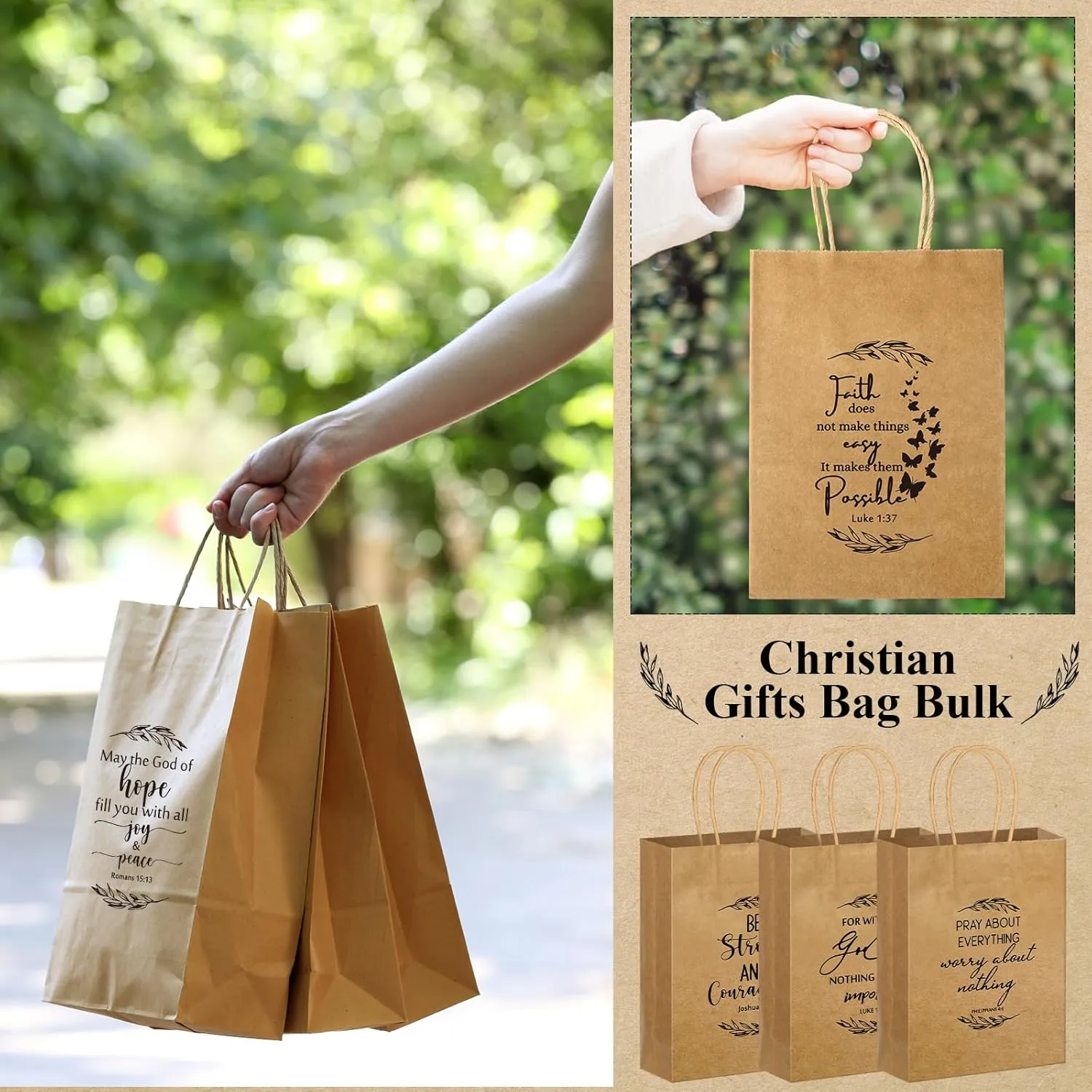 Gersoniel Christian Gift Bag Bulk Religious Kraft Medium Bible Verse Brown Christian Inspirational Church Welcome Gift Bags with Handle for Fathers Day Family Baptism(108 Pcs)