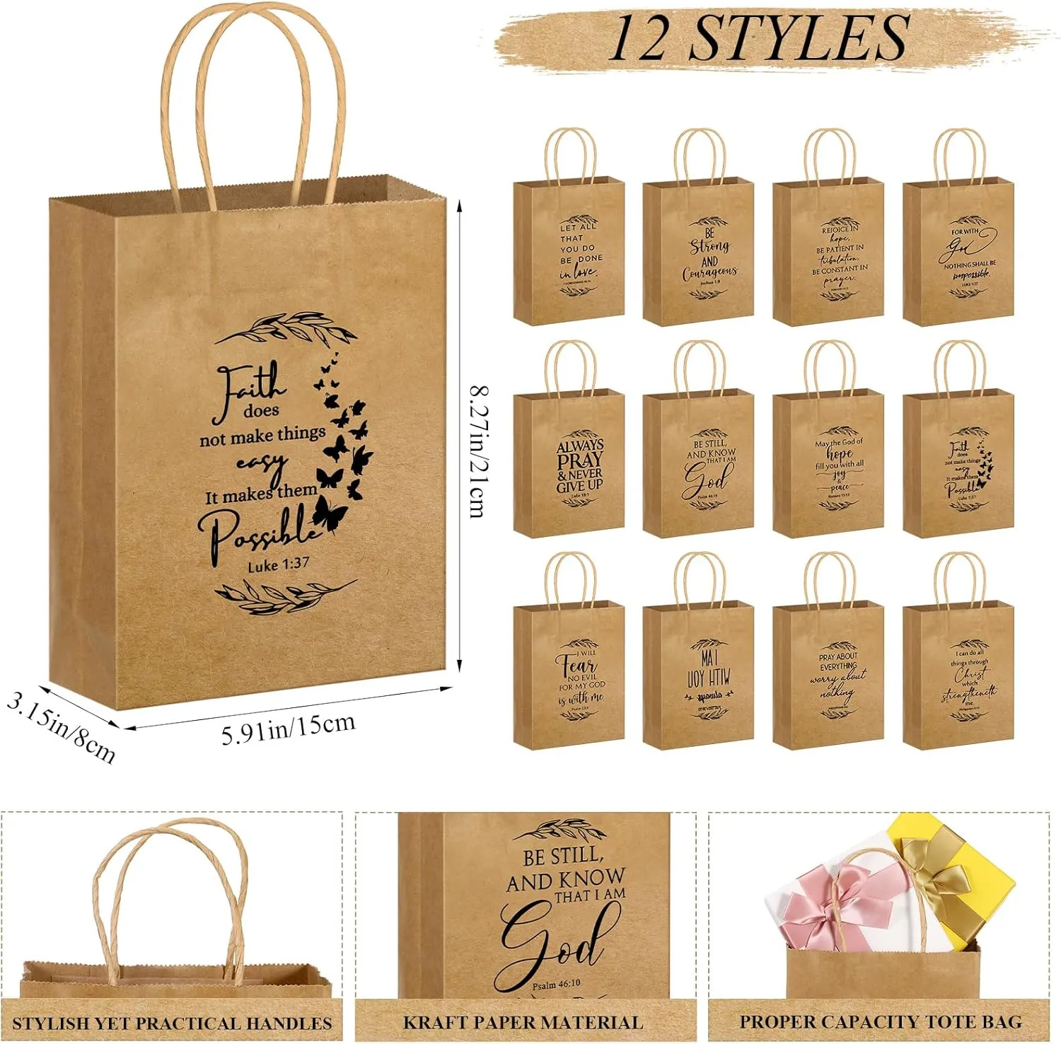 Gersoniel Christian Gift Bag Bulk Religious Kraft Medium Bible Verse Brown Christian Inspirational Church Welcome Gift Bags with Handle for Fathers Day Family Baptism(108 Pcs)