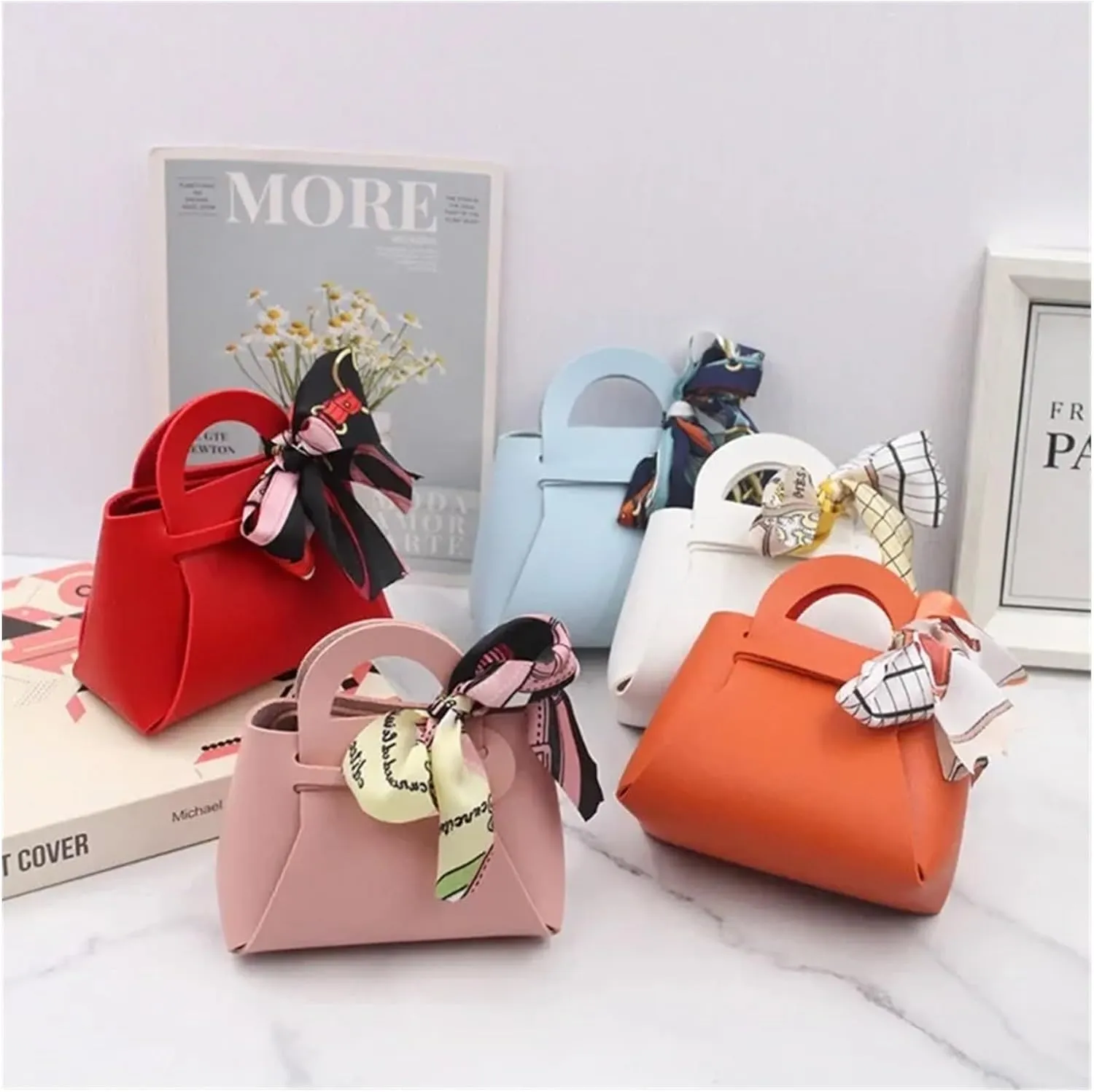 Gift Bags 20PCS Leather Gift Bags Bow Ribbon Packaging Bag Wedding Favour Distributions Bags Christmas Candy Packaging Box Handbag(Champagne Gold,Large)