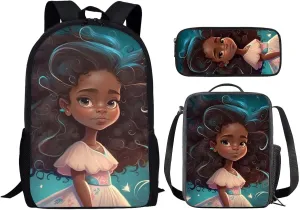 Girls Bookbag Ages 8-10,African Black Girl School Backpack with Lunch Box Pencil Case,Kids School Bags Primary Student Back Pack 17 inch Outdoor Travel