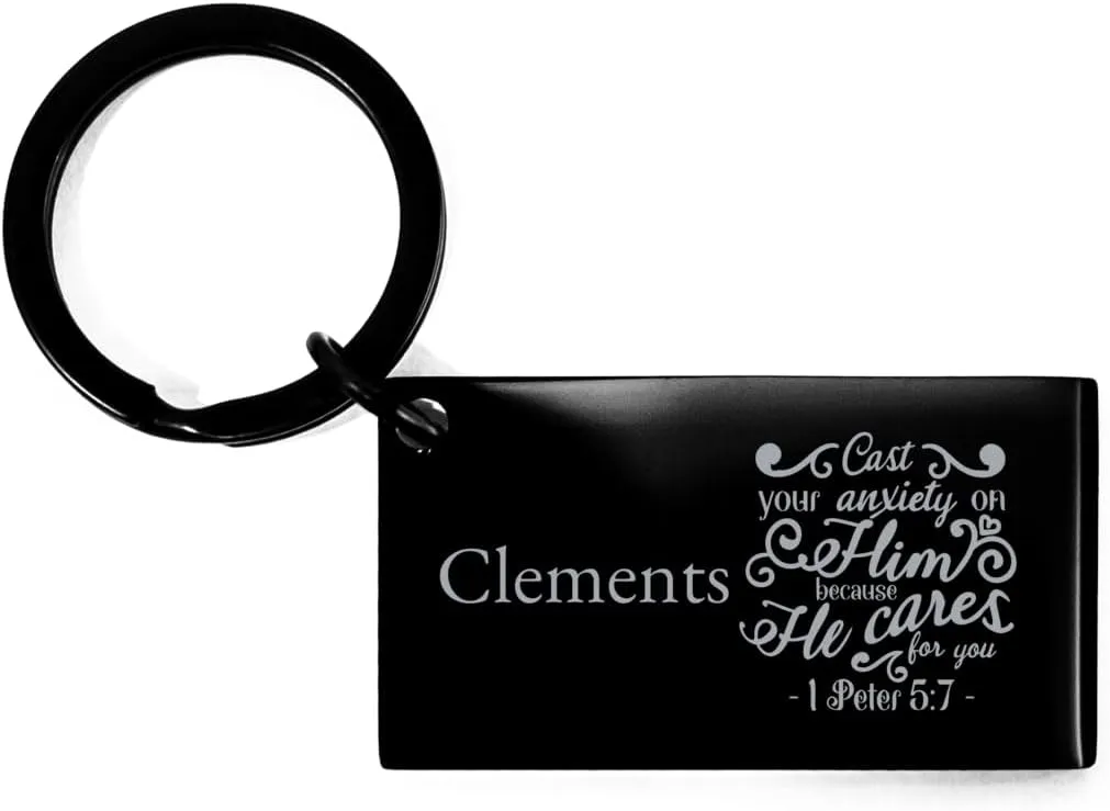 Graduation Clements Keyring,Clements 1 Peter 5:7 Cast you anxiety on Him because He cares for you Clements Bible Verse Christmas Birthday Religious Personalized