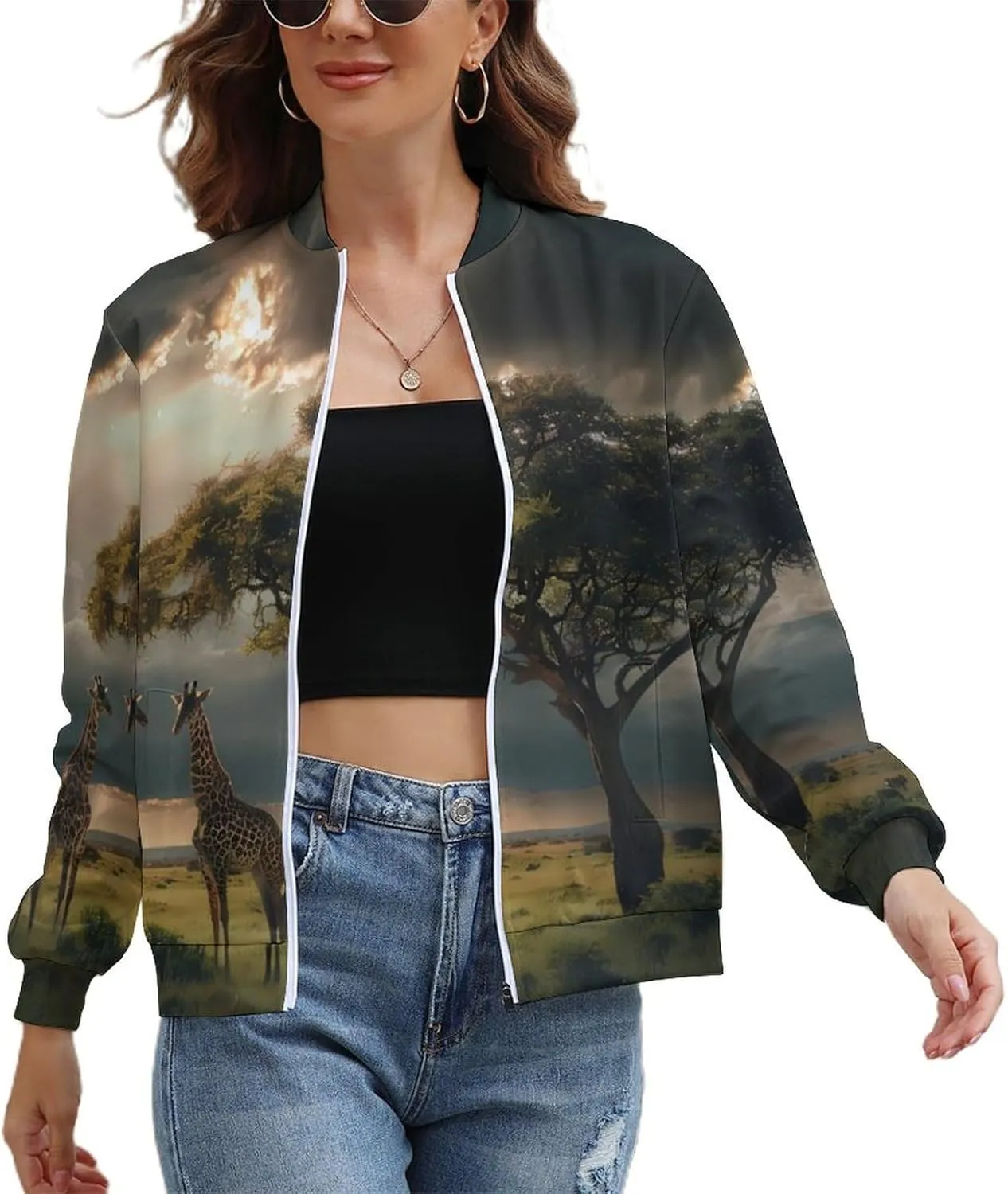 Grassland Giraffes Women's Zippered Jacket Long Sleeve Outwear Sweatshirts Jackets Fashion Fall Outfits