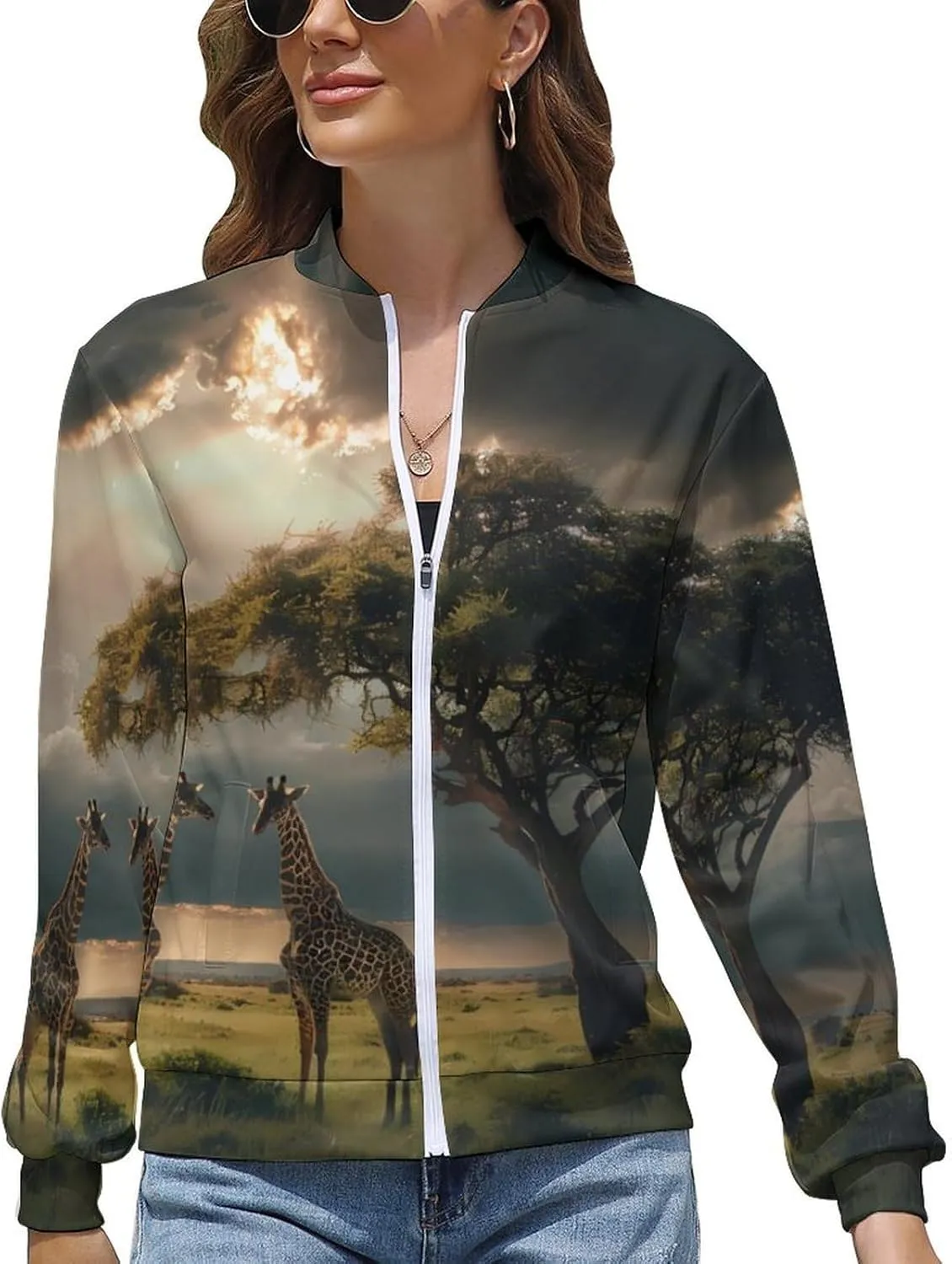 Grassland Giraffes Women's Zippered Jacket Long Sleeve Outwear Sweatshirts Jackets Fashion Fall Outfits