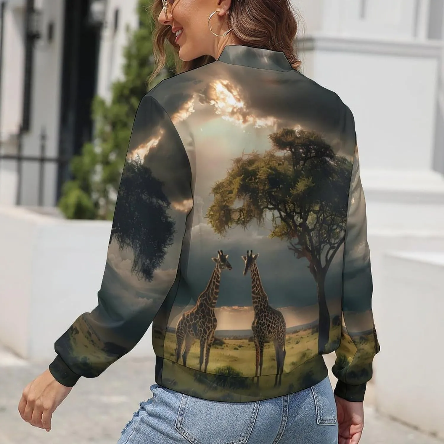 Grassland Giraffes Women's Zippered Jacket Long Sleeve Outwear Sweatshirts Jackets Fashion Fall Outfits
