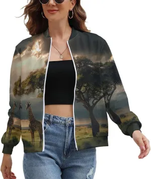 Grassland Giraffes Women's Zippered Jacket Long Sleeve Outwear Sweatshirts Jackets Fashion Fall Outfits