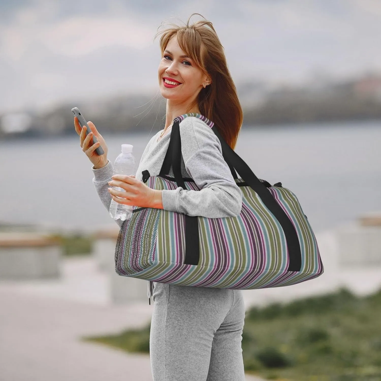 Gray Blue Stripes Travel Duffel Bag Large Foldable Waterproof Overnight Bag For Beach Swim Bags Pool Sports Gym