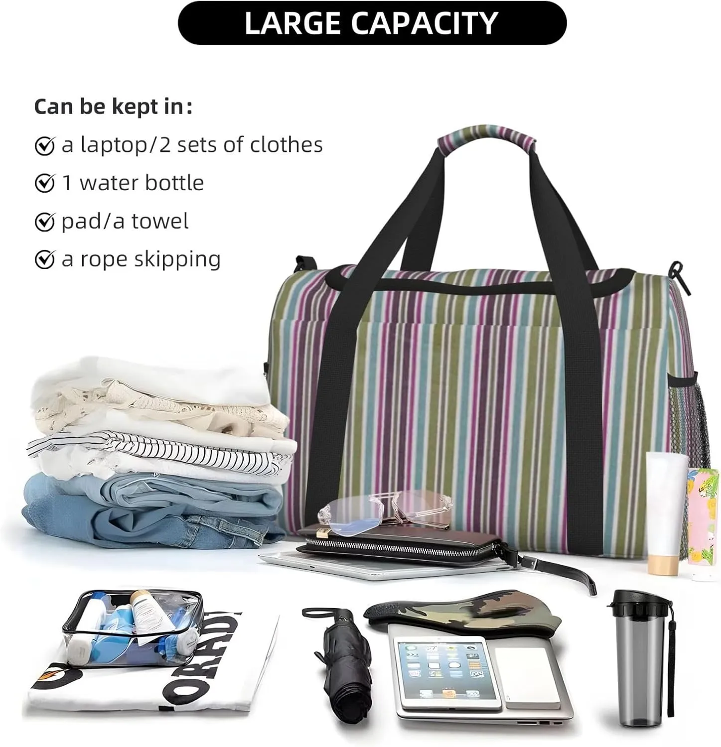 Gray Blue Stripes Travel Duffel Bag Large Foldable Waterproof Overnight Bag For Beach Swim Bags Pool Sports Gym