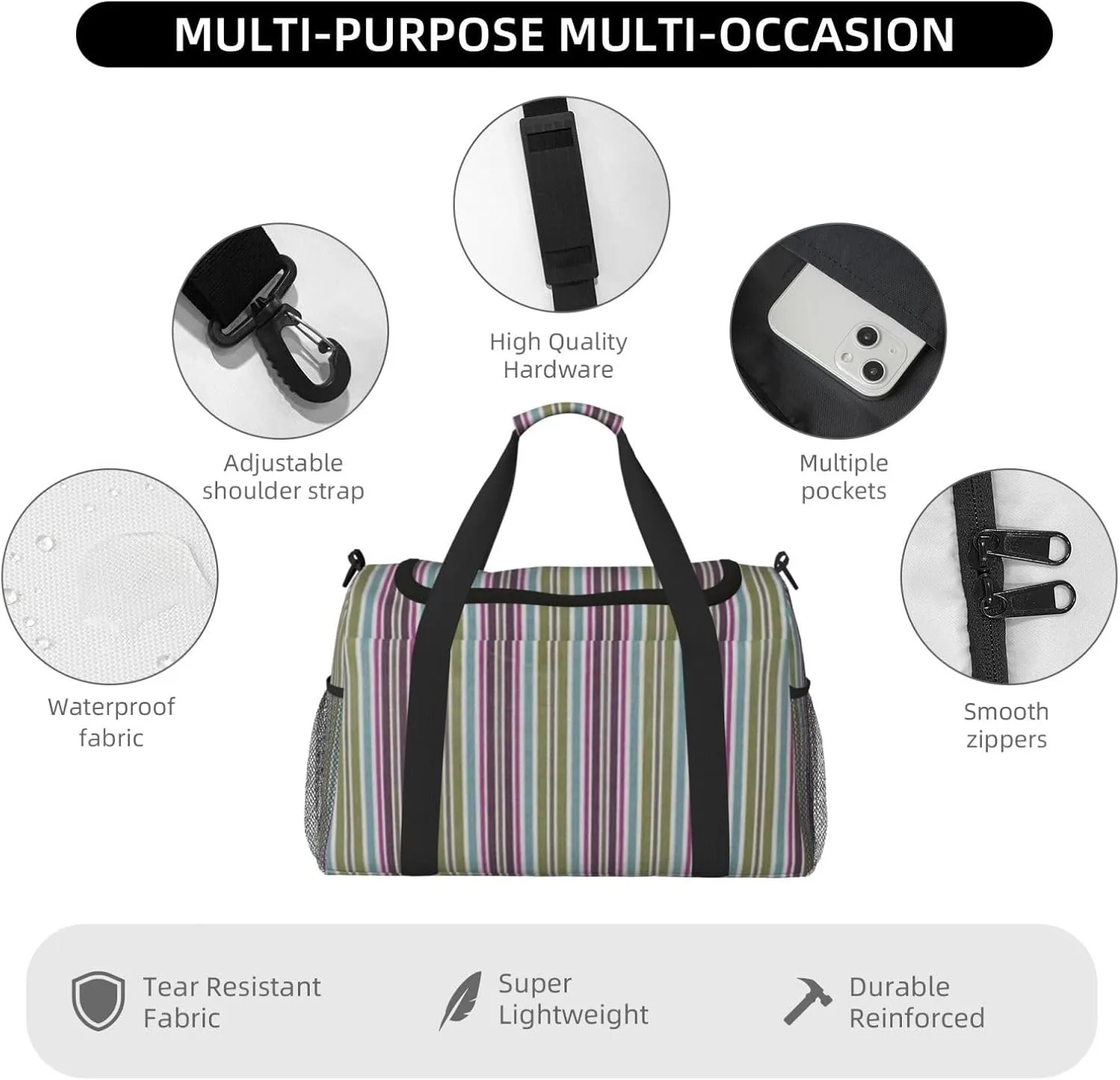 Gray Blue Stripes Travel Duffel Bag Large Foldable Waterproof Overnight Bag For Beach Swim Bags Pool Sports Gym