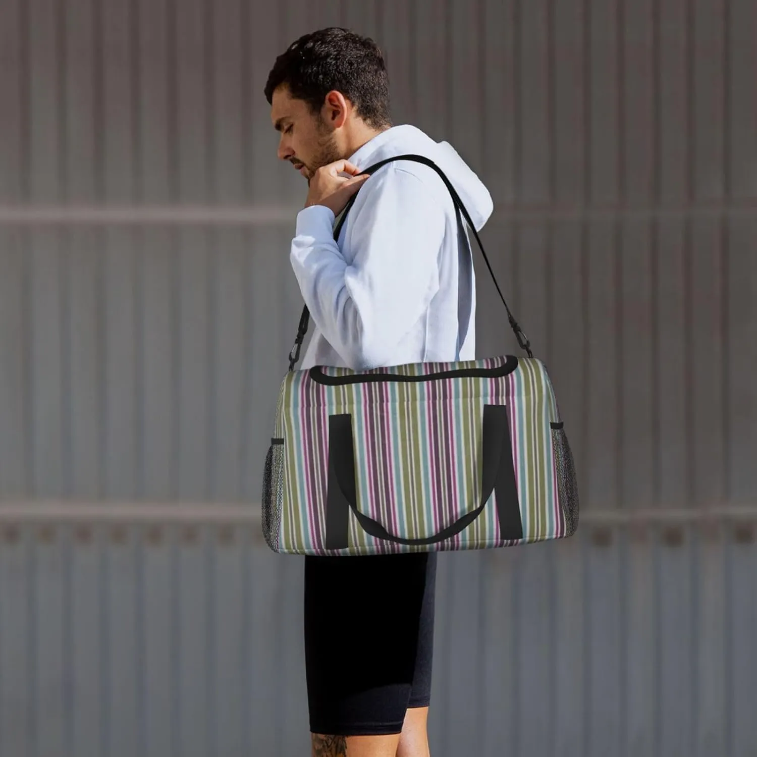 Gray Blue Stripes Travel Duffel Bag Large Foldable Waterproof Overnight Bag For Beach Swim Bags Pool Sports Gym