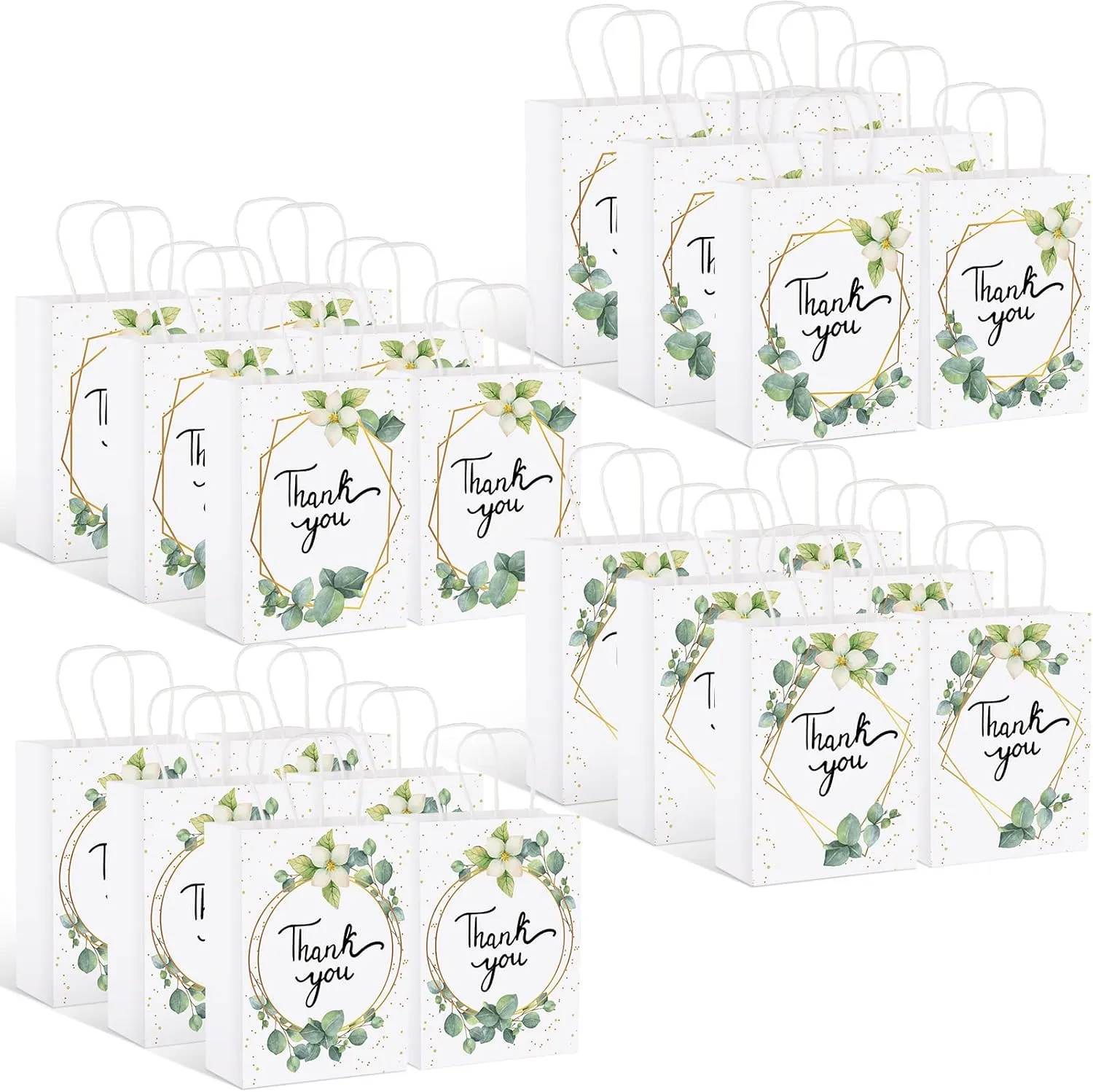 Greenery Eucalyptus Small Thank You Bags Floral Design Paper Gift Bags with Handles Baby Shower Favor Bags Thank You Wedding Bags White Kraft Paper Bags for Birthday Party, 6.3 x 3.1 x 8.7'' (24)