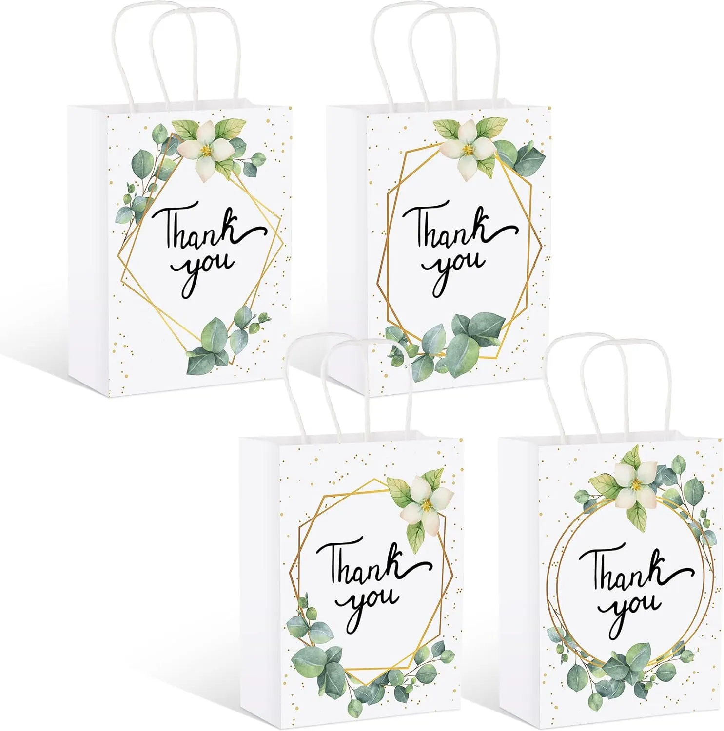 Greenery Eucalyptus Small Thank You Bags Floral Design Paper Gift Bags with Handles Baby Shower Favor Bags Thank You Wedding Bags White Kraft Paper Bags for Birthday Party, 6.3 x 3.1 x 8.7'' (24)