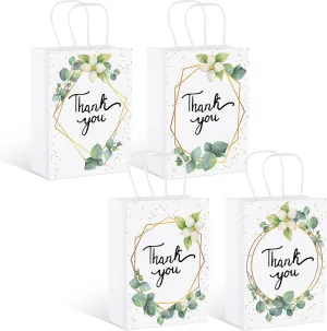 Greenery Eucalyptus Small Thank You Bags Floral Design Paper Gift Bags with Handles Baby Shower Favor Bags Thank You Wedding Bags White Kraft Paper Bags for Birthday Party, 6.3 x 3.1 x 8.7'' (24)