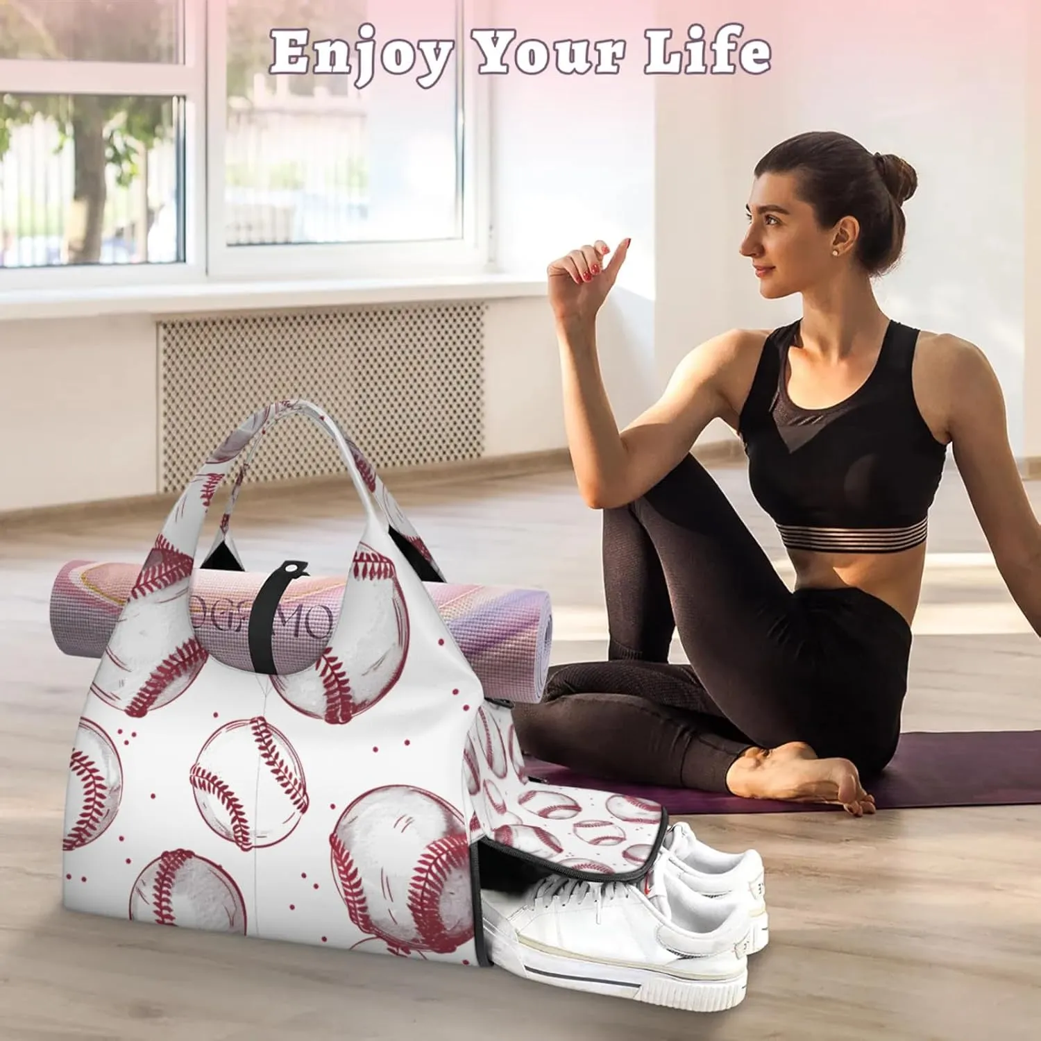 Gym Bag for Women Baseballs Printed Duffel Bag with Shoe Compartment and Yoga Mat Holder Portable Weekender Bags Travel Tote Bags