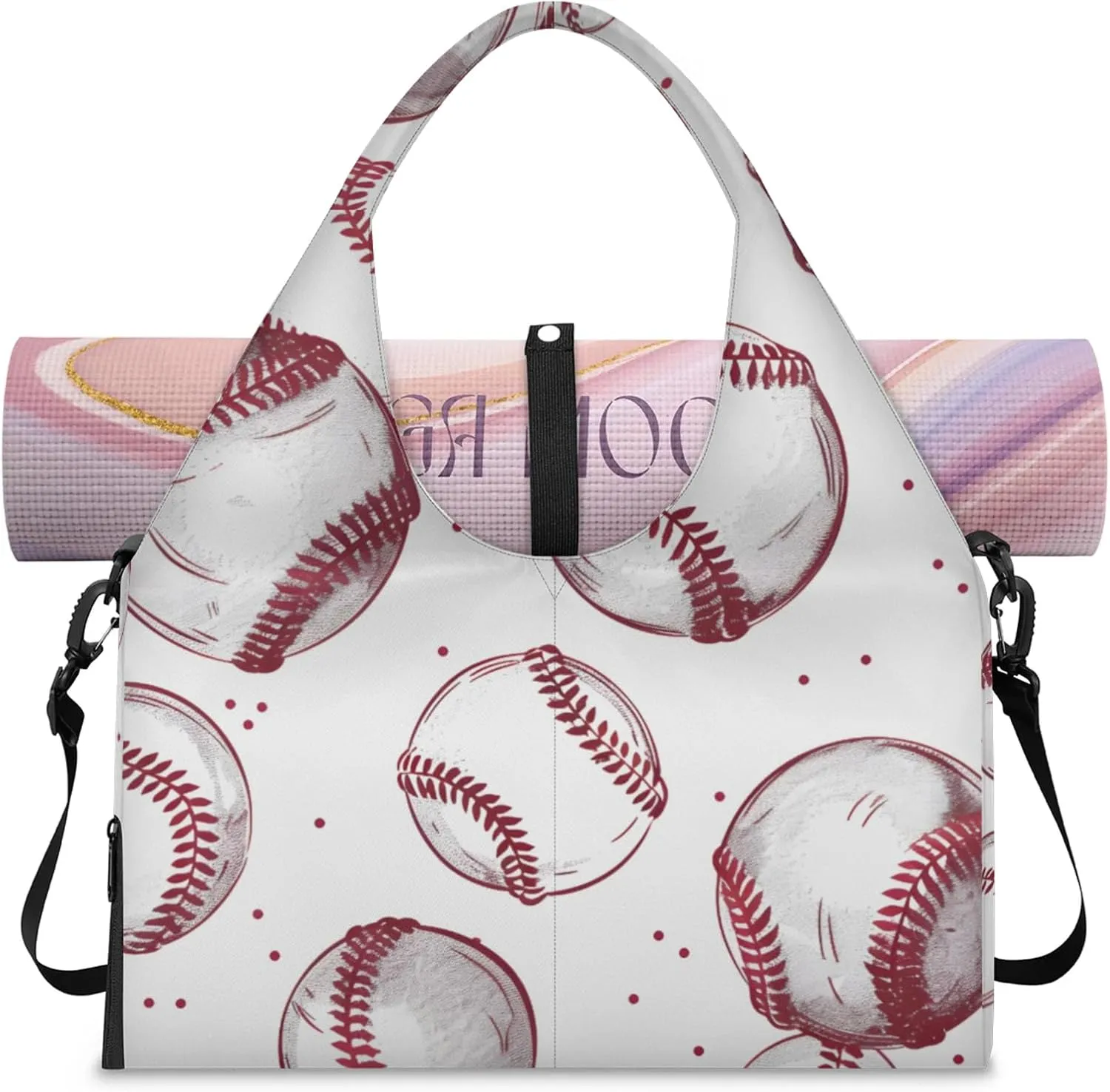 Gym Bag for Women Baseballs Printed Duffel Bag with Shoe Compartment and Yoga Mat Holder Portable Weekender Bags Travel Tote Bags