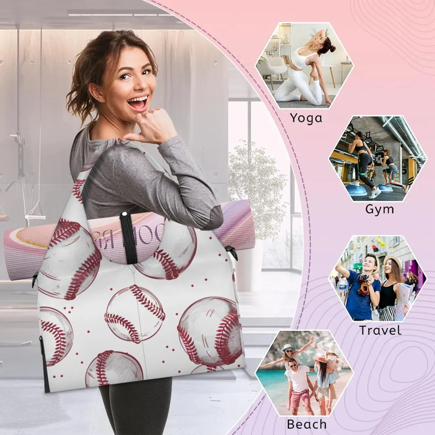 Gym Bag for Women Baseballs Printed Duffel Bag with Shoe Compartment and Yoga Mat Holder Portable Weekender Bags Travel Tote Bags