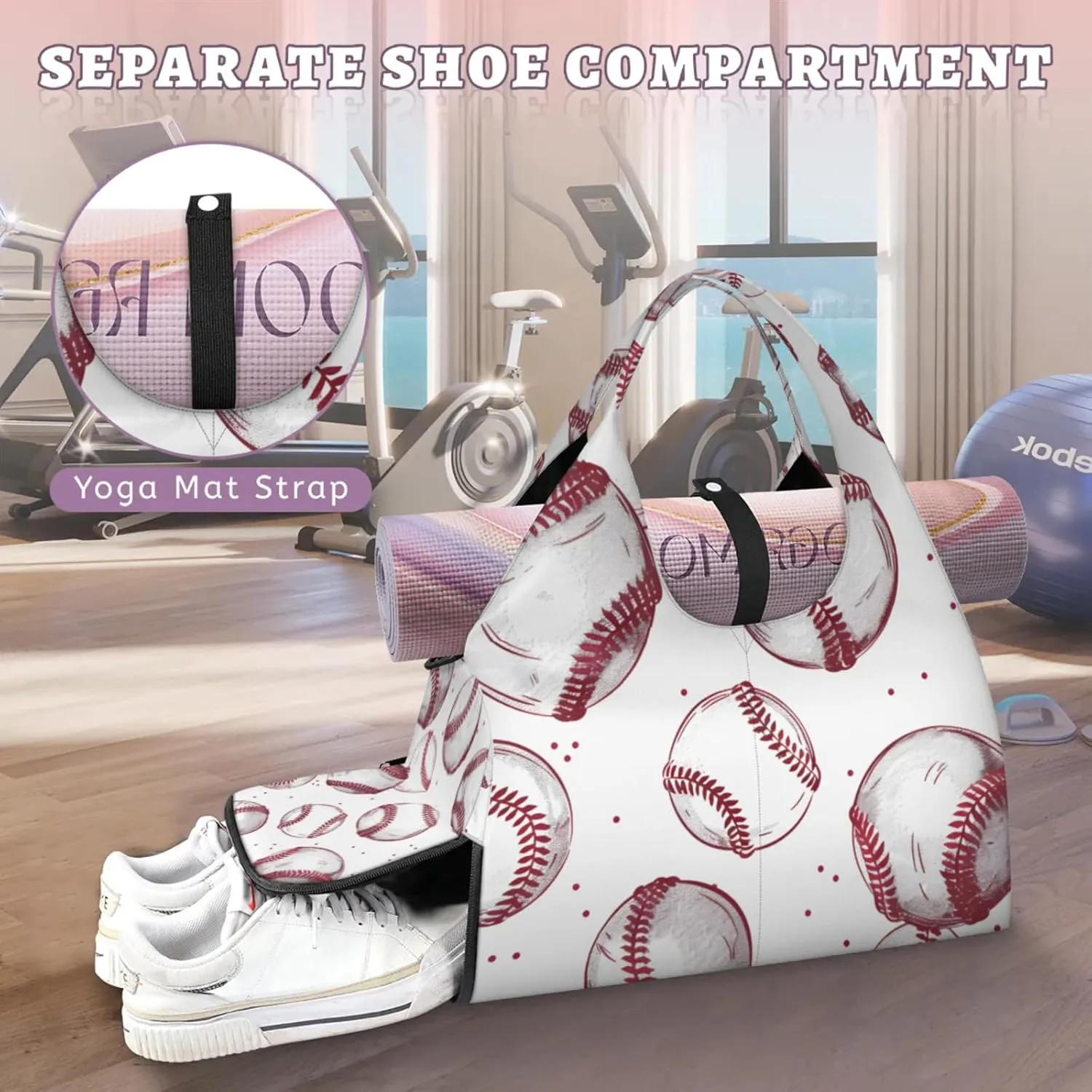 Gym Bag for Women Baseballs Printed Duffel Bag with Shoe Compartment and Yoga Mat Holder Portable Weekender Bags Travel Tote Bags