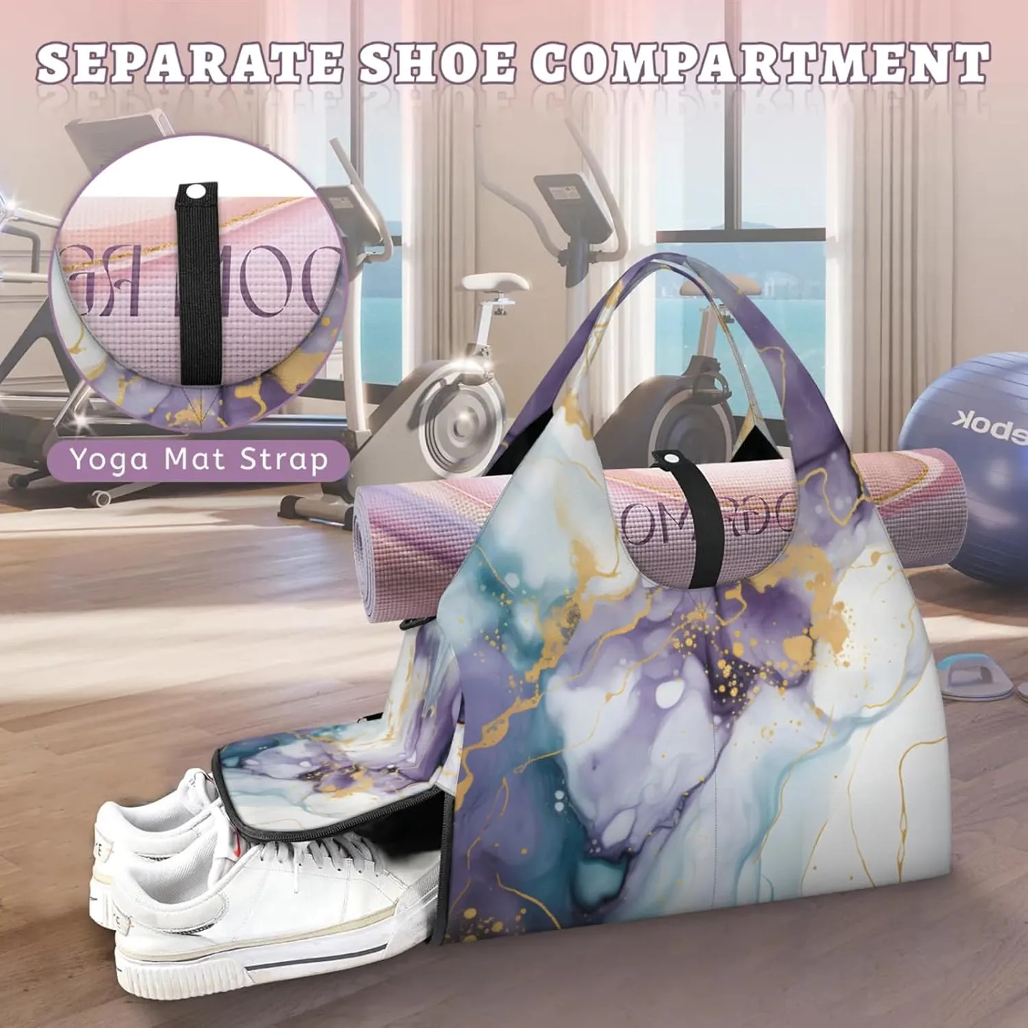 Gym Bag for Women Beautiful Marble Themed Duffel Bag with Shoe Compartment and Yoga Mat Holder Portable Weekender Bags Travel Tote Bags