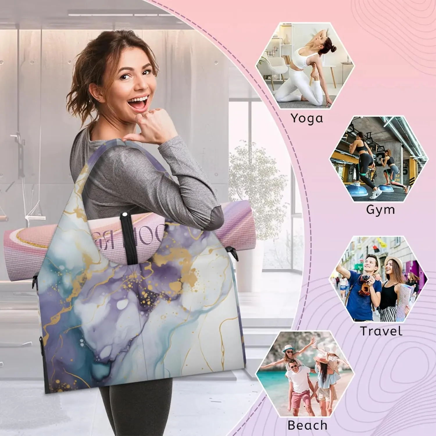 Gym Bag for Women Beautiful Marble Themed Duffel Bag with Shoe Compartment and Yoga Mat Holder Portable Weekender Bags Travel Tote Bags