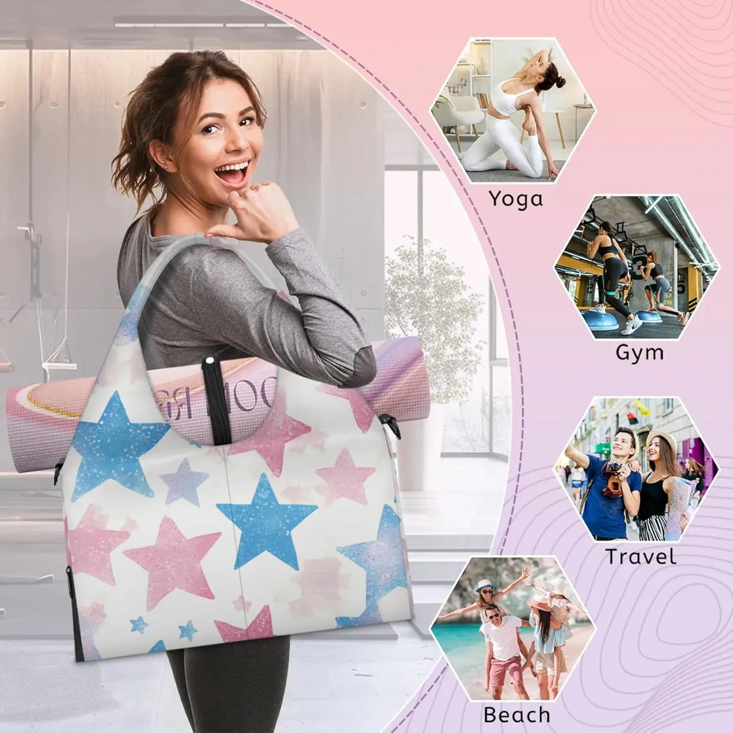 Gym Bag for Women Beautiful Stars Duffel Bag with Shoe Compartment and Yoga Mat Holder Portable Weekender Bags Travel Tote Bags