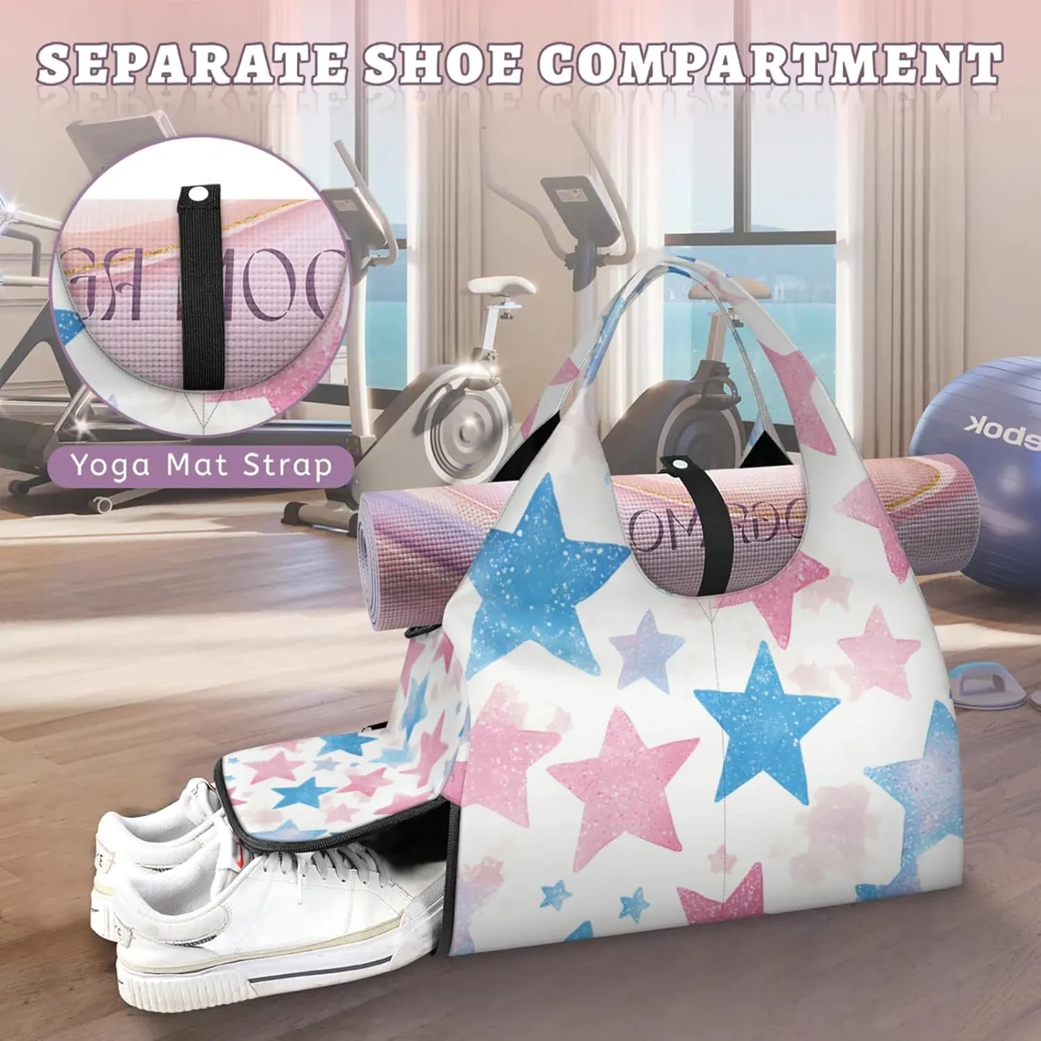Gym Bag for Women Beautiful Stars Duffel Bag with Shoe Compartment and Yoga Mat Holder Portable Weekender Bags Travel Tote Bags