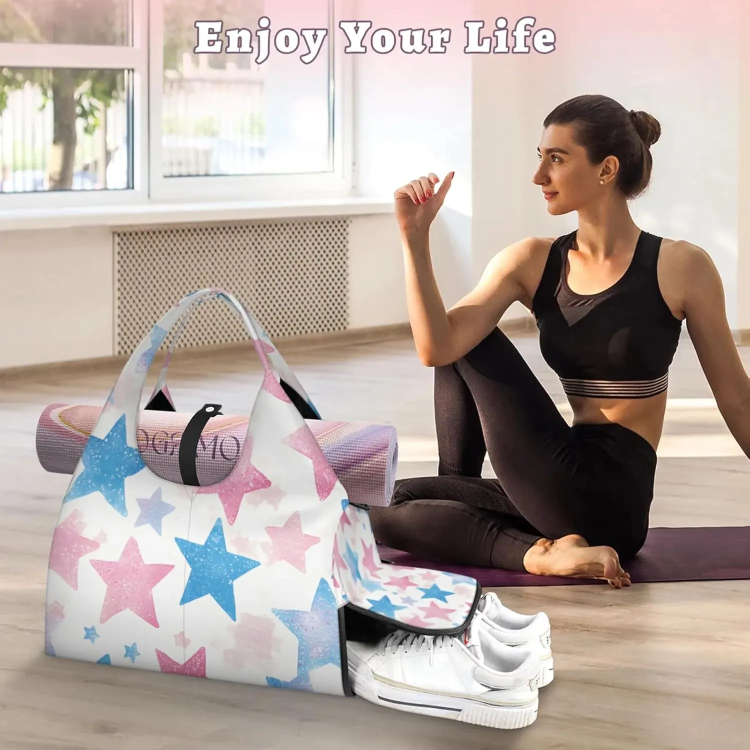 Gym Bag for Women Beautiful Stars Duffel Bag with Shoe Compartment and Yoga Mat Holder Portable Weekender Bags Travel Tote Bags