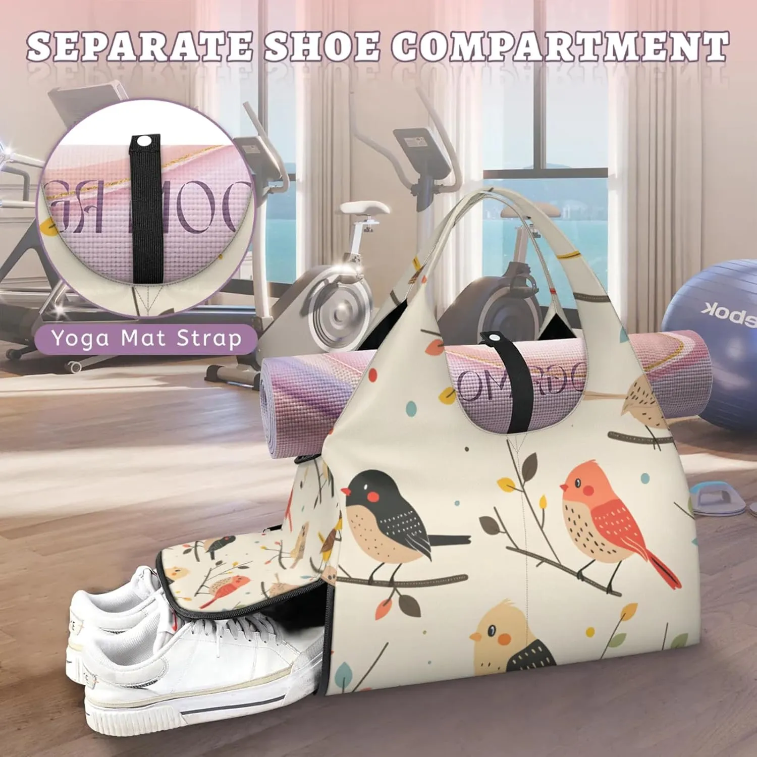 Gym Bag for Women Birds On Branch Duffel Bag with Shoe Compartment and Yoga Mat Holder Portable Weekender Bags Travel Tote Bags