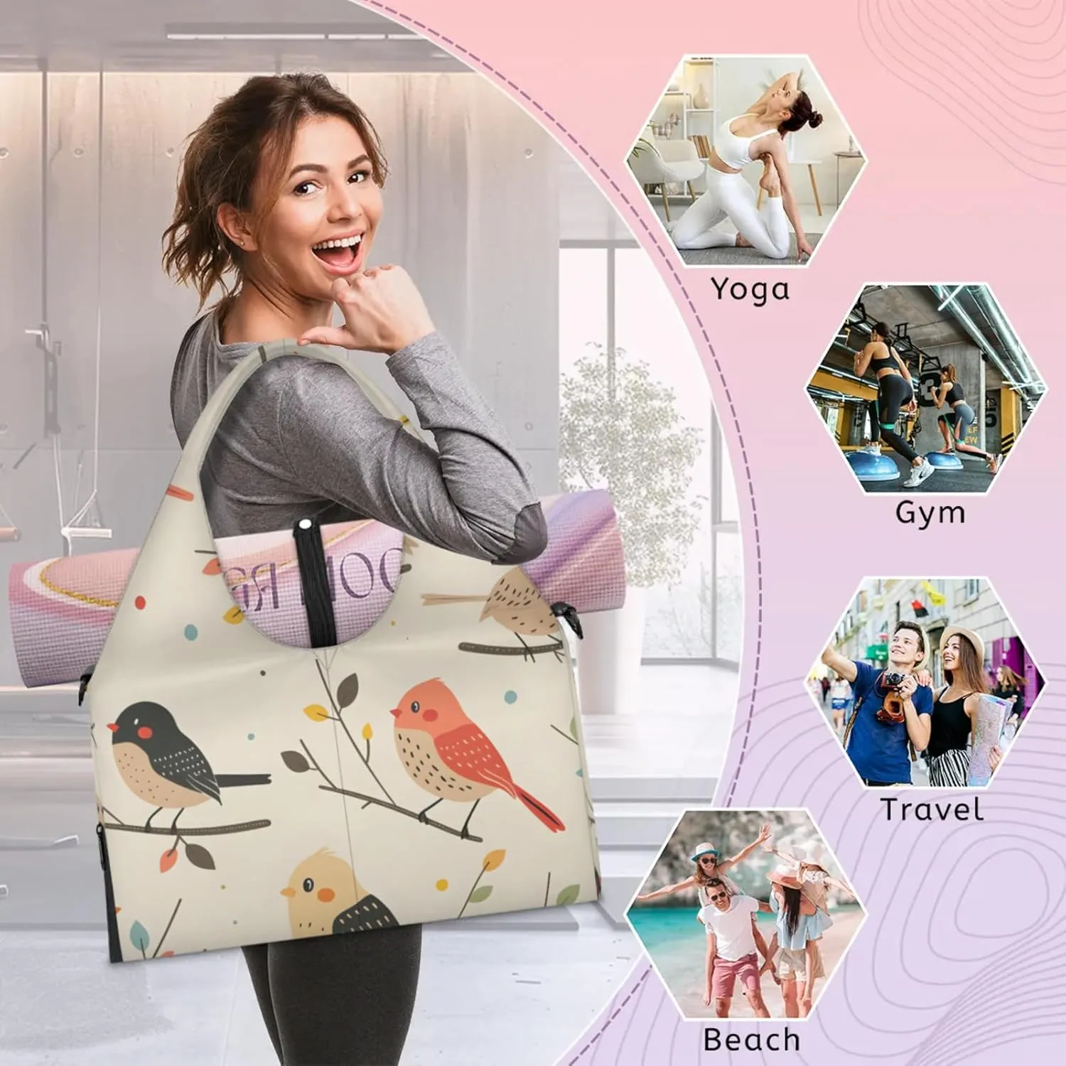 Gym Bag for Women Birds On Branch Duffel Bag with Shoe Compartment and Yoga Mat Holder Portable Weekender Bags Travel Tote Bags