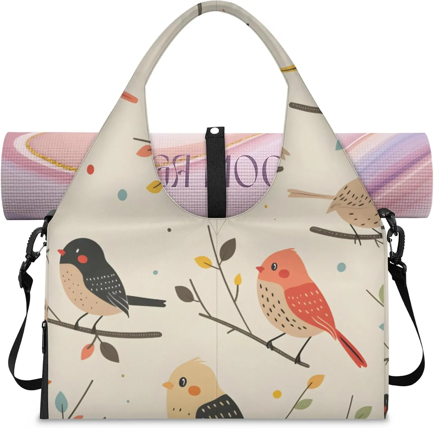 Gym Bag for Women Birds On Branch Duffel Bag with Shoe Compartment and Yoga Mat Holder Portable Weekender Bags Travel Tote Bags