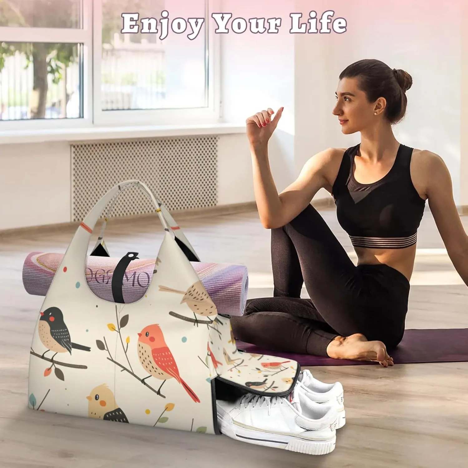Gym Bag for Women Birds On Branch Duffel Bag with Shoe Compartment and Yoga Mat Holder Portable Weekender Bags Travel Tote Bags