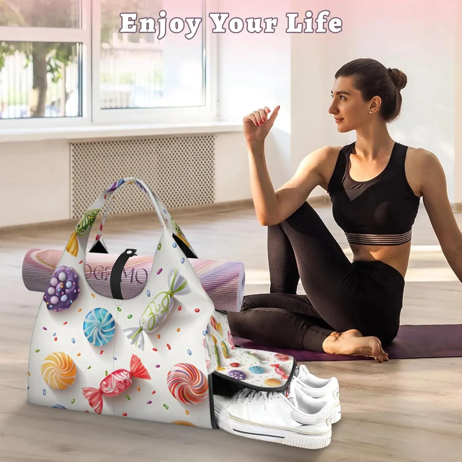 Gym Bag for Women Candy Sweet Duffel Bag with Shoe Compartment and Yoga Mat Holder Portable Weekender Bags Travel Tote Bags