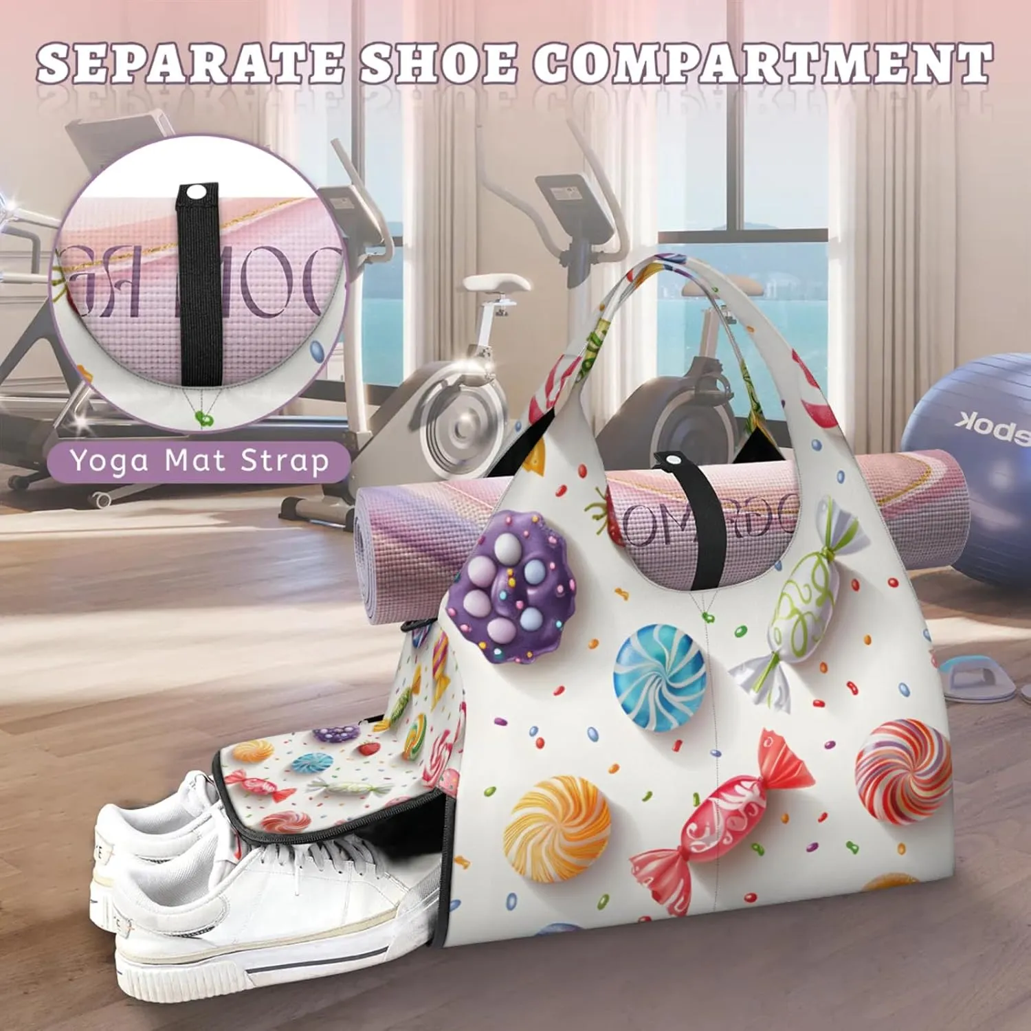 Gym Bag for Women Candy Sweet Duffel Bag with Shoe Compartment and Yoga Mat Holder Portable Weekender Bags Travel Tote Bags