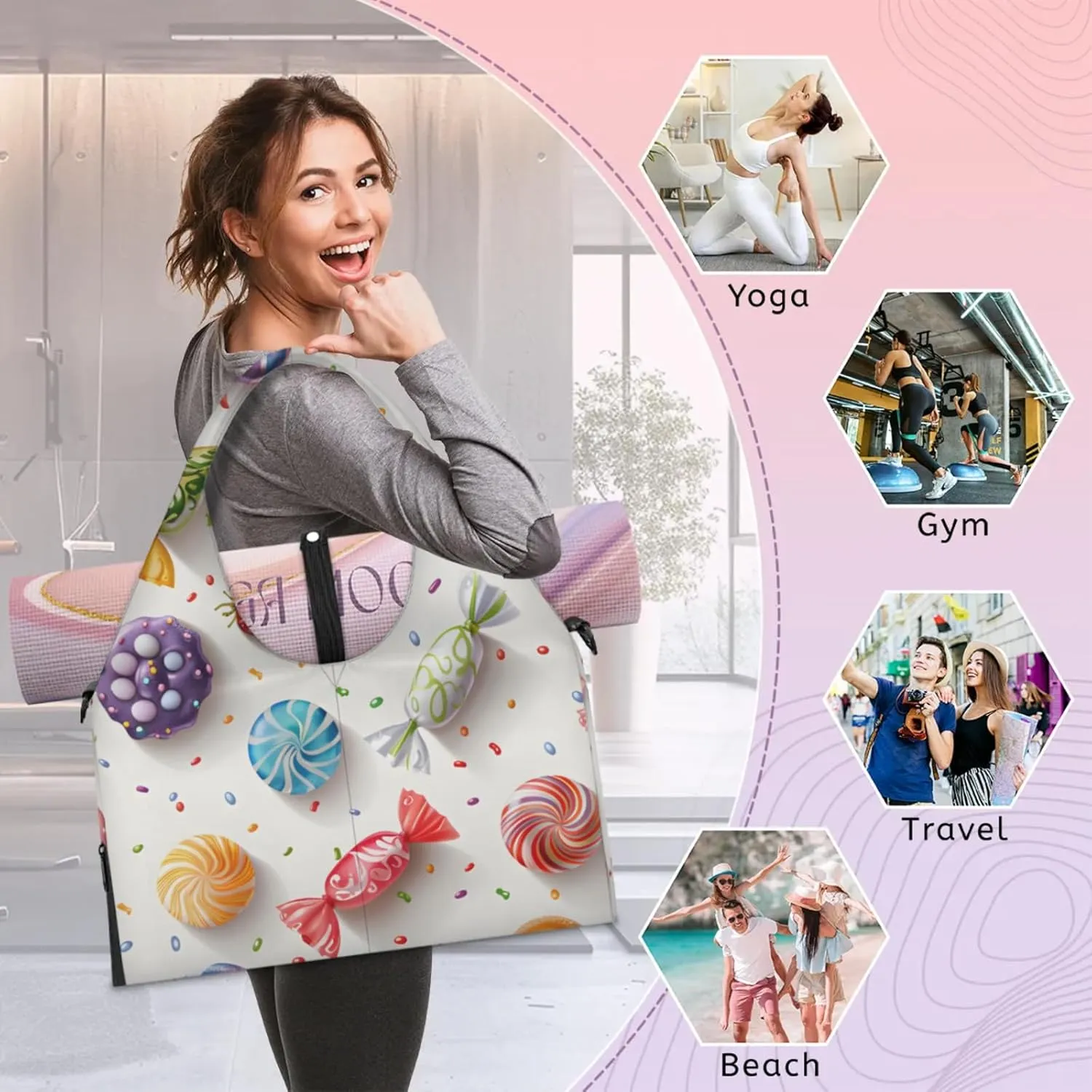 Gym Bag for Women Candy Sweet Duffel Bag with Shoe Compartment and Yoga Mat Holder Portable Weekender Bags Travel Tote Bags