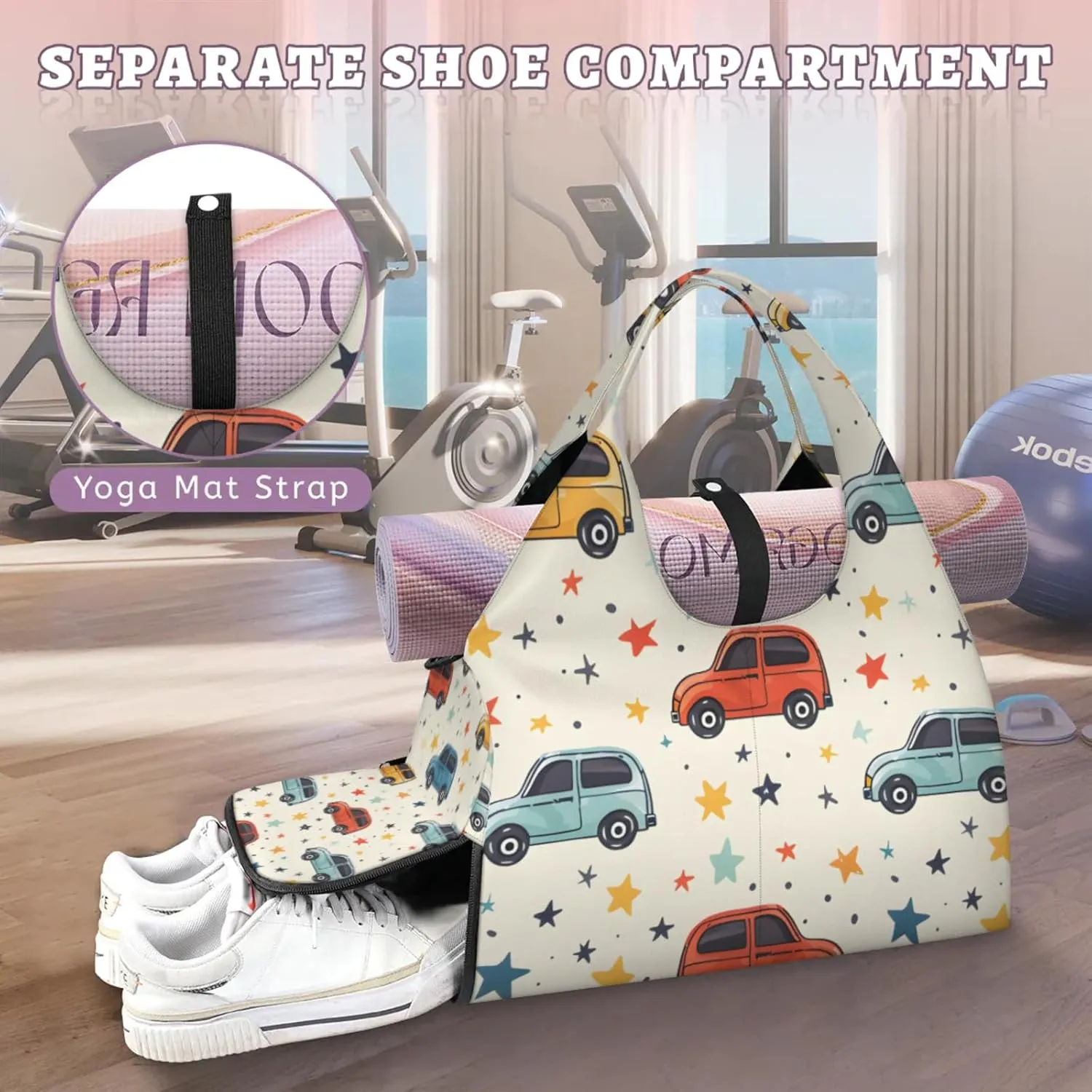 Gym Bag for Women Cars Stars Duffel Bag with Shoe Compartment and Yoga Mat Holder Portable Weekender Bags Travel Tote Bags