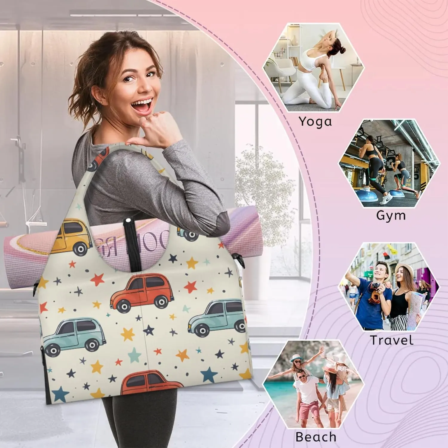 Gym Bag for Women Cars Stars Duffel Bag with Shoe Compartment and Yoga Mat Holder Portable Weekender Bags Travel Tote Bags