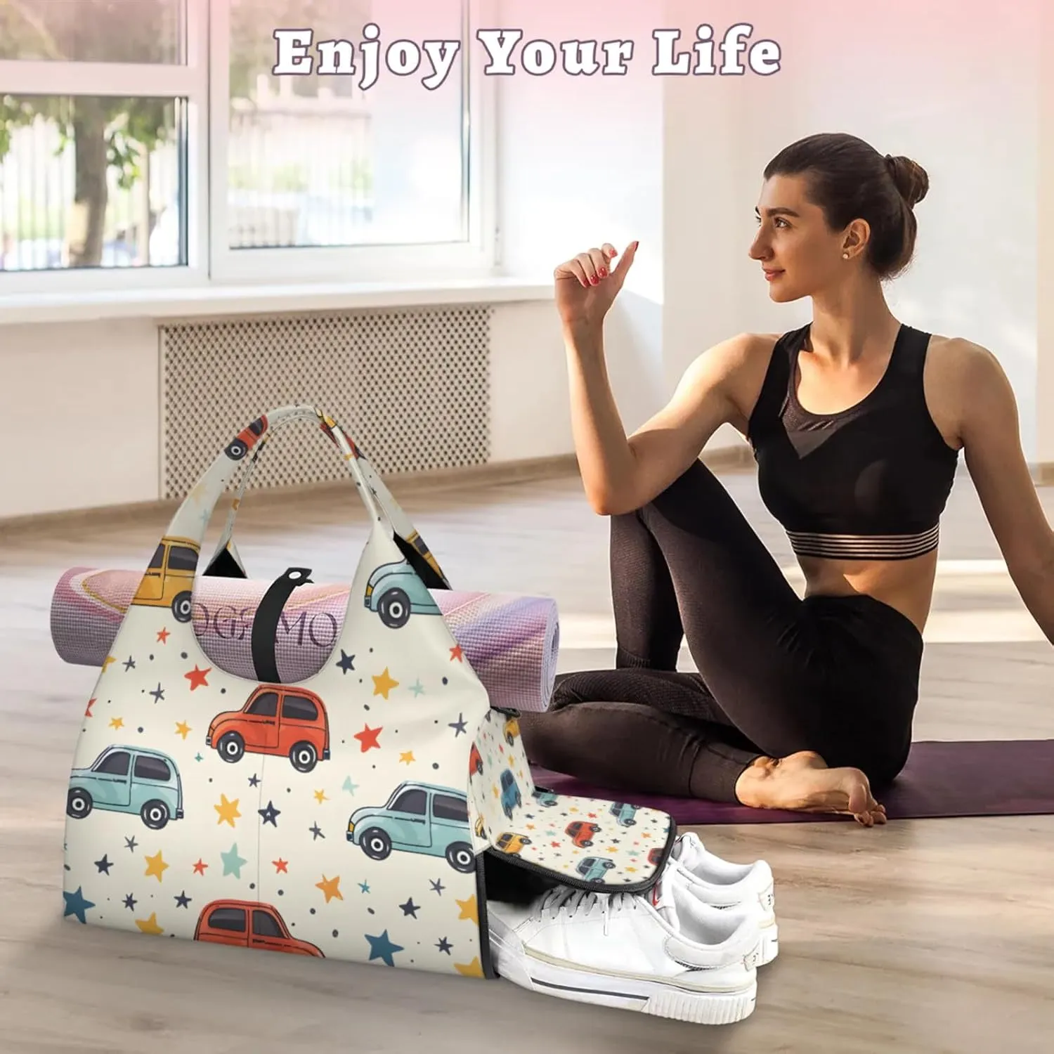 Gym Bag for Women Cars Stars Duffel Bag with Shoe Compartment and Yoga Mat Holder Portable Weekender Bags Travel Tote Bags
