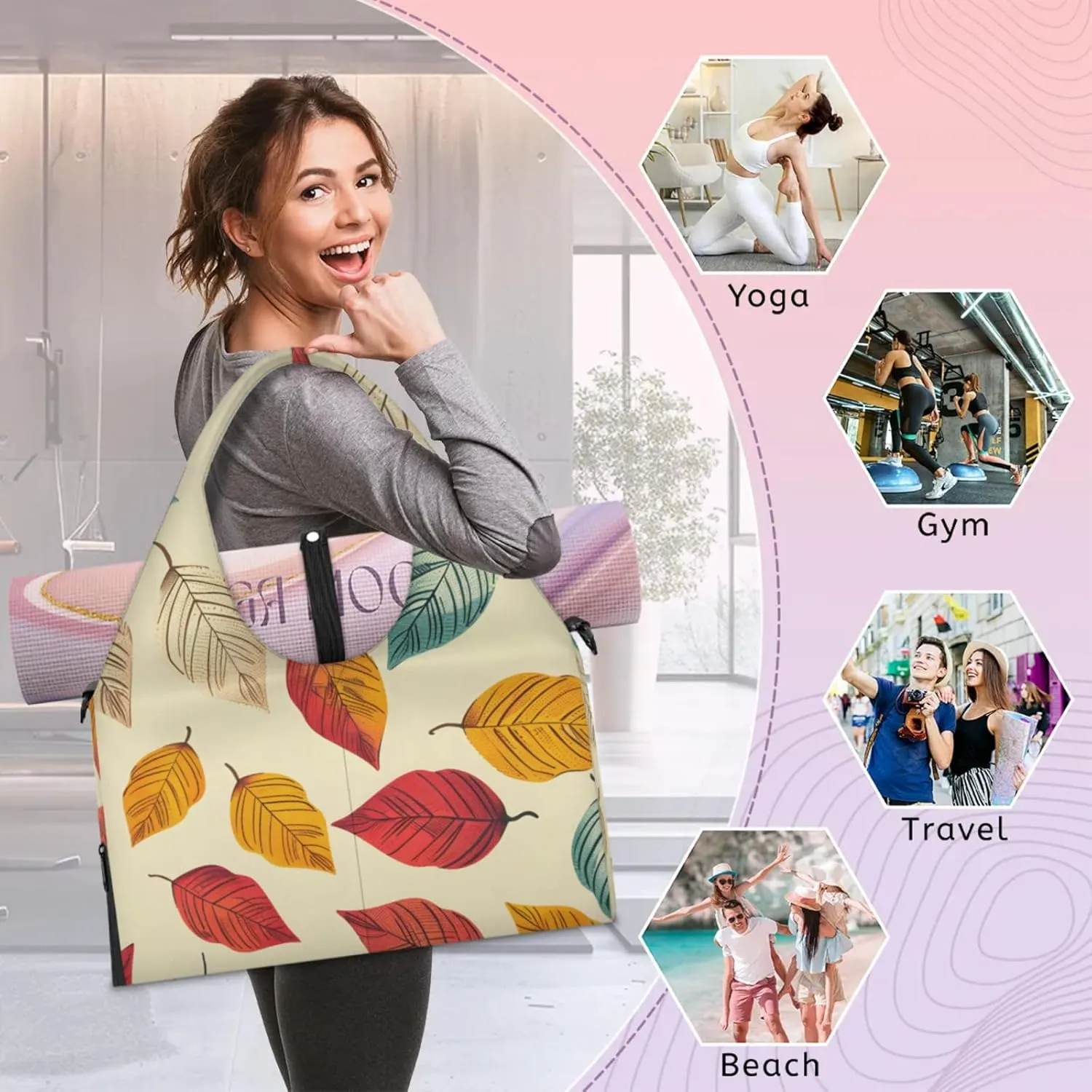 Gym Bag for Women Cartoon Leaves Duffel Bag with Shoe Compartment and Yoga Mat Holder Portable Weekender Bags Travel Tote Bags