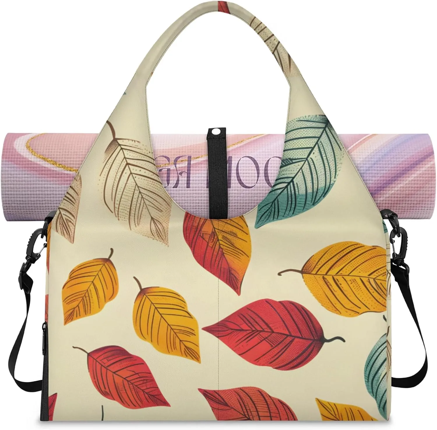 Gym Bag for Women Cartoon Leaves Duffel Bag with Shoe Compartment and Yoga Mat Holder Portable Weekender Bags Travel Tote Bags