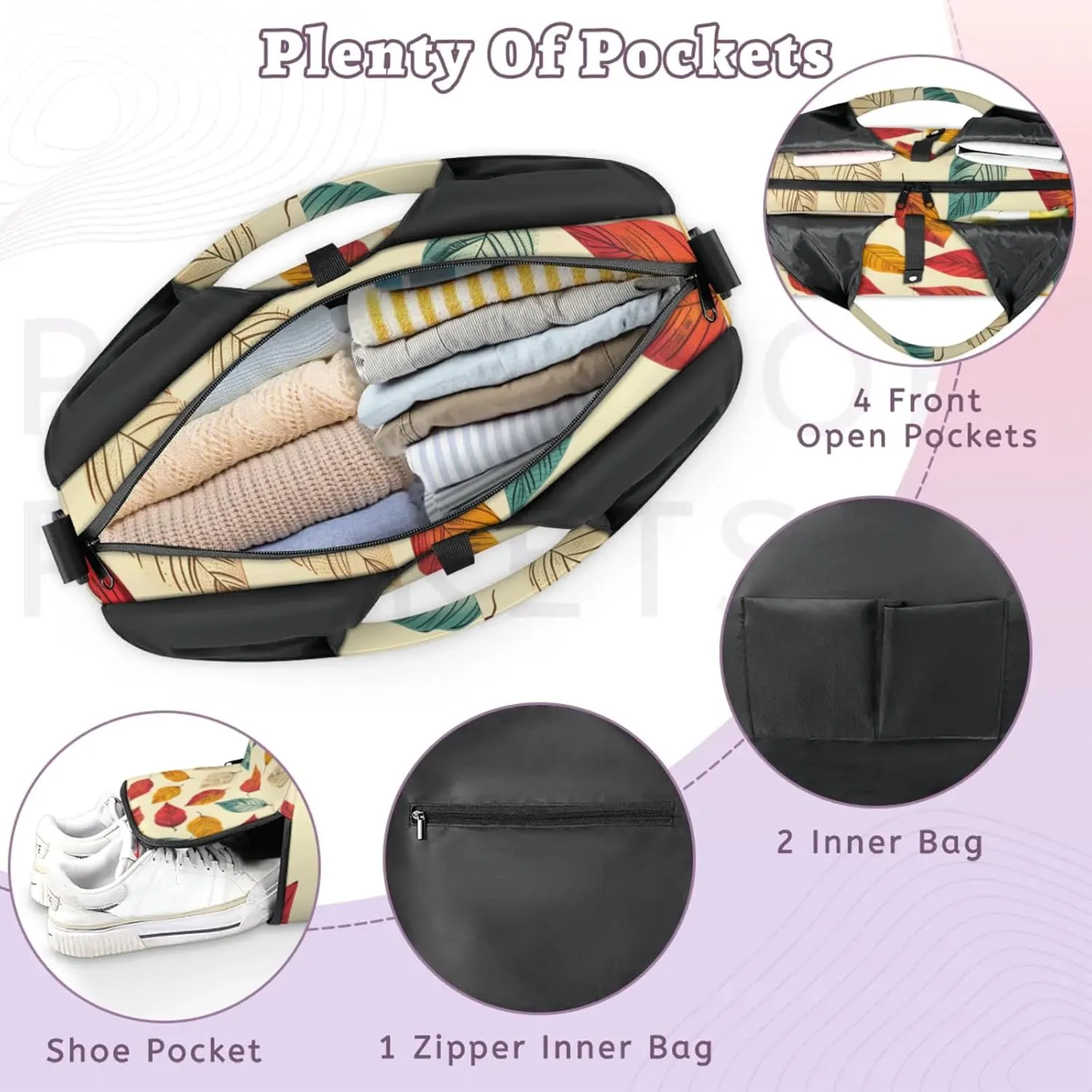 Gym Bag for Women Cartoon Leaves Duffel Bag with Shoe Compartment and Yoga Mat Holder Portable Weekender Bags Travel Tote Bags