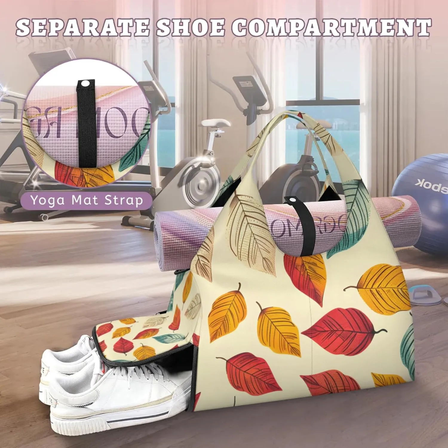 Gym Bag for Women Cartoon Leaves Duffel Bag with Shoe Compartment and Yoga Mat Holder Portable Weekender Bags Travel Tote Bags