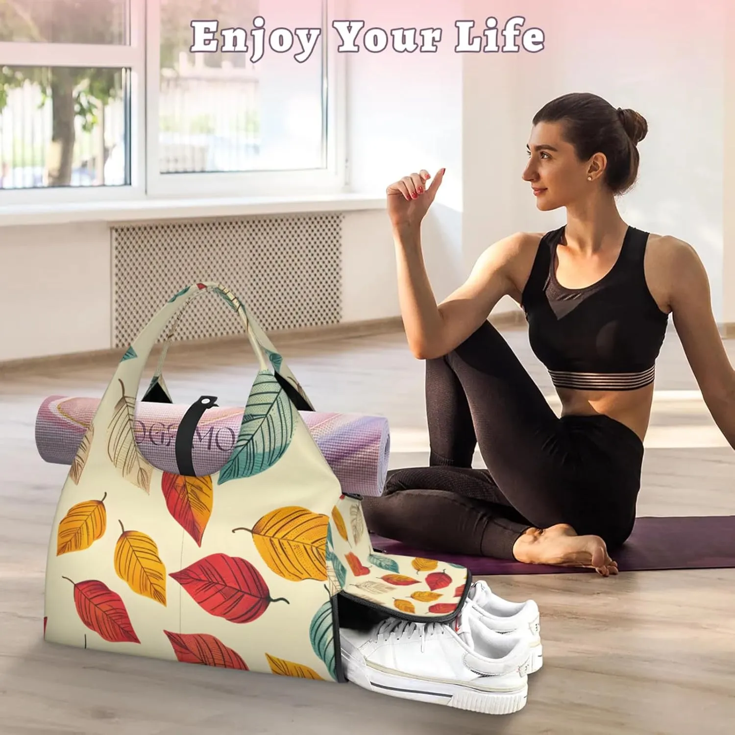 Gym Bag for Women Cartoon Leaves Duffel Bag with Shoe Compartment and Yoga Mat Holder Portable Weekender Bags Travel Tote Bags
