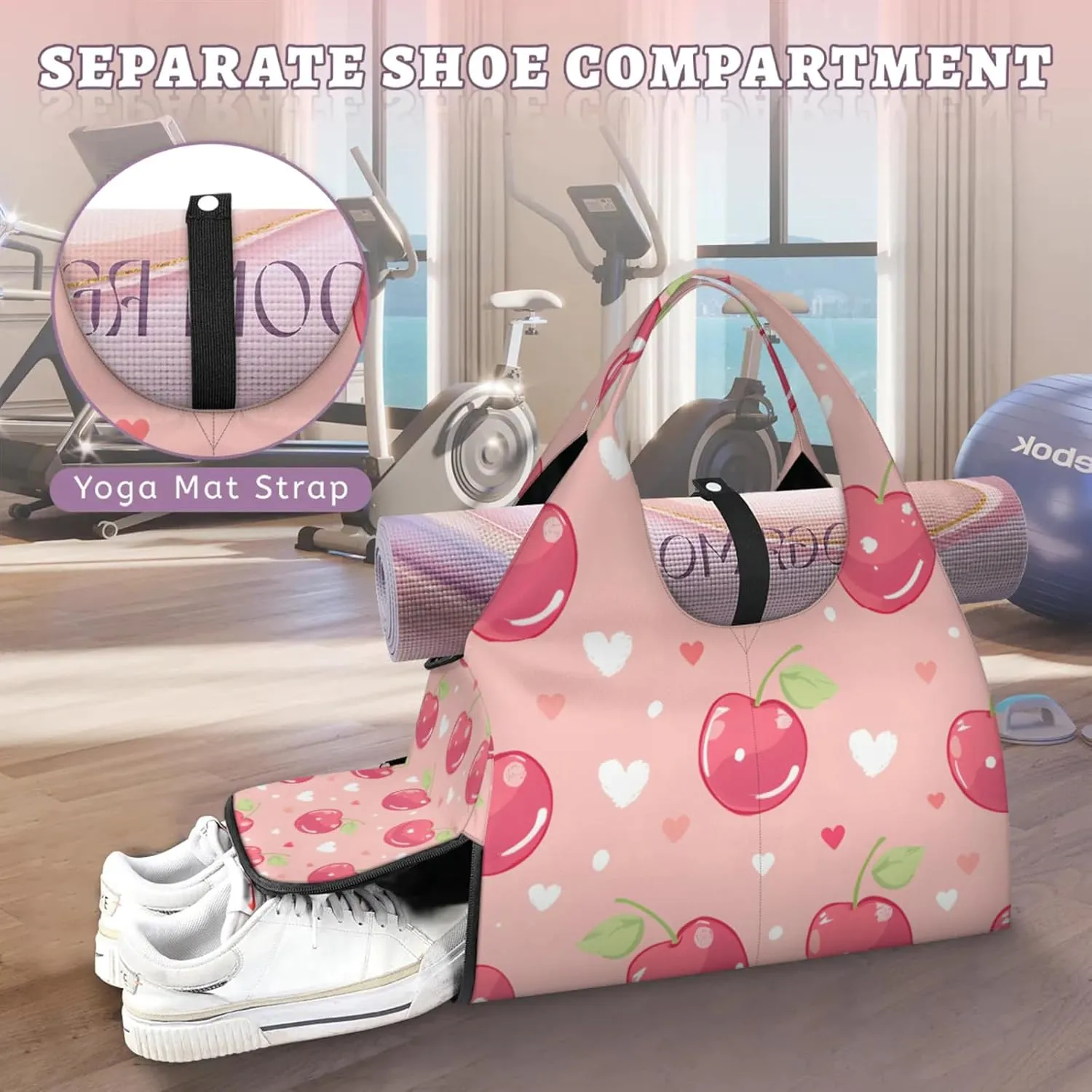 Gym Bag for Women Cherry Love Hearts Duffel Bag with Shoe Compartment and Yoga Mat Holder Portable Weekender Bags Travel Tote Bags
