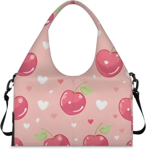 Gym Bag for Women Cherry Love Hearts Duffel Bag with Shoe Compartment and Yoga Mat Holder Portable Weekender Bags Travel Tote Bags