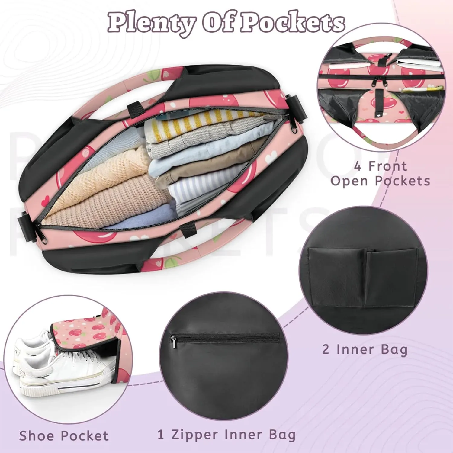 Gym Bag for Women Cherry Love Hearts Duffel Bag with Shoe Compartment and Yoga Mat Holder Portable Weekender Bags Travel Tote Bags