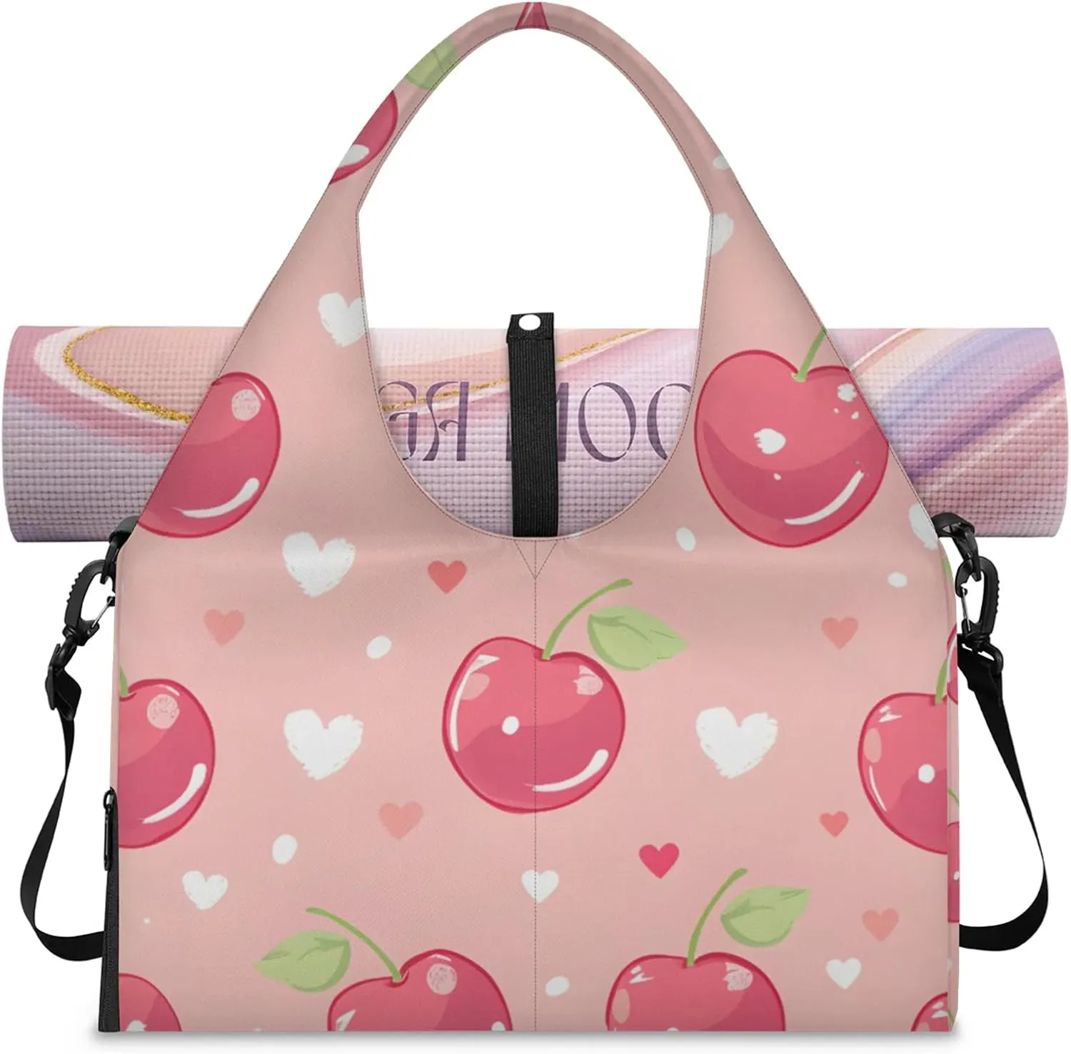 Gym Bag for Women Cherry Love Hearts Duffel Bag with Shoe Compartment and Yoga Mat Holder Portable Weekender Bags Travel Tote Bags