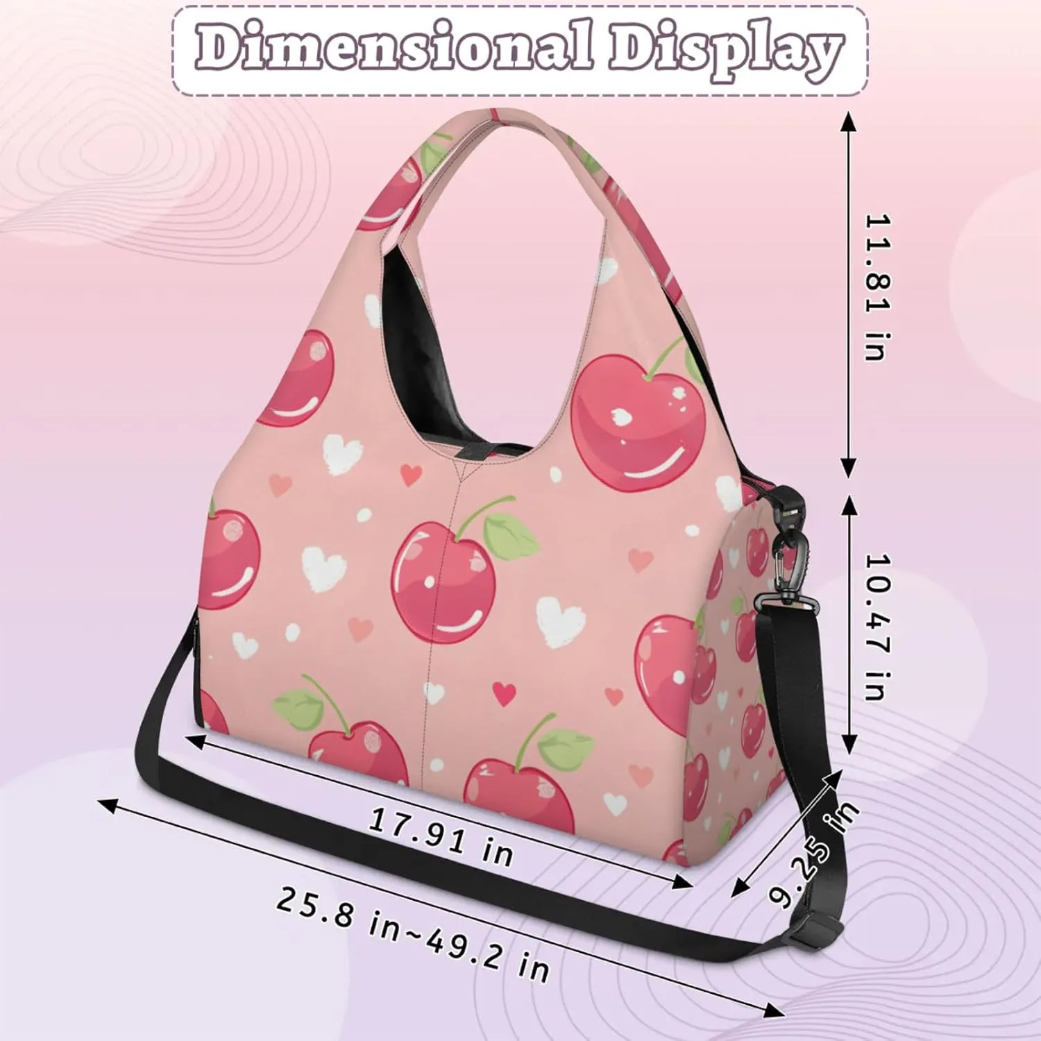Gym Bag for Women Cherry Love Hearts Duffel Bag with Shoe Compartment and Yoga Mat Holder Portable Weekender Bags Travel Tote Bags