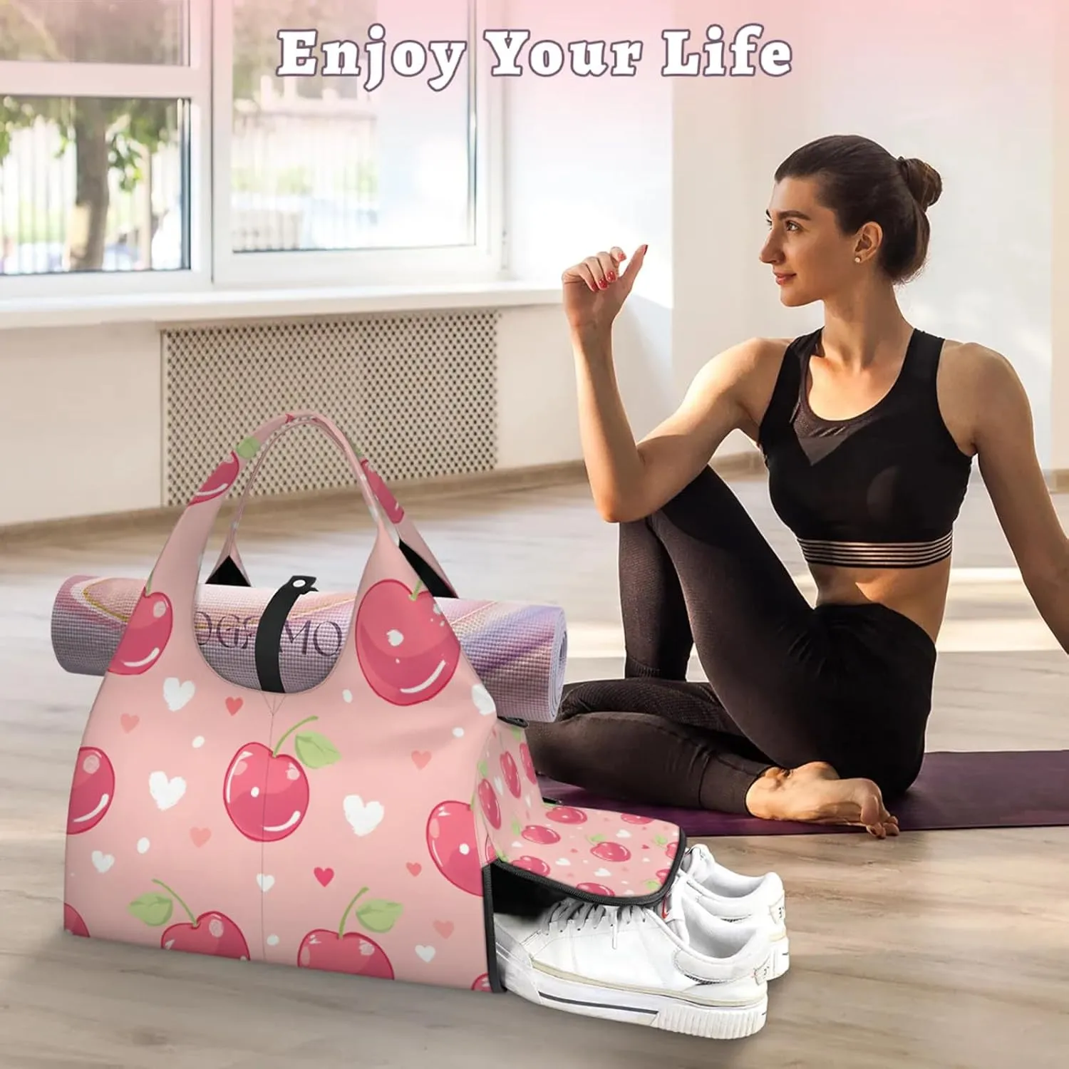 Gym Bag for Women Cherry Love Hearts Duffel Bag with Shoe Compartment and Yoga Mat Holder Portable Weekender Bags Travel Tote Bags