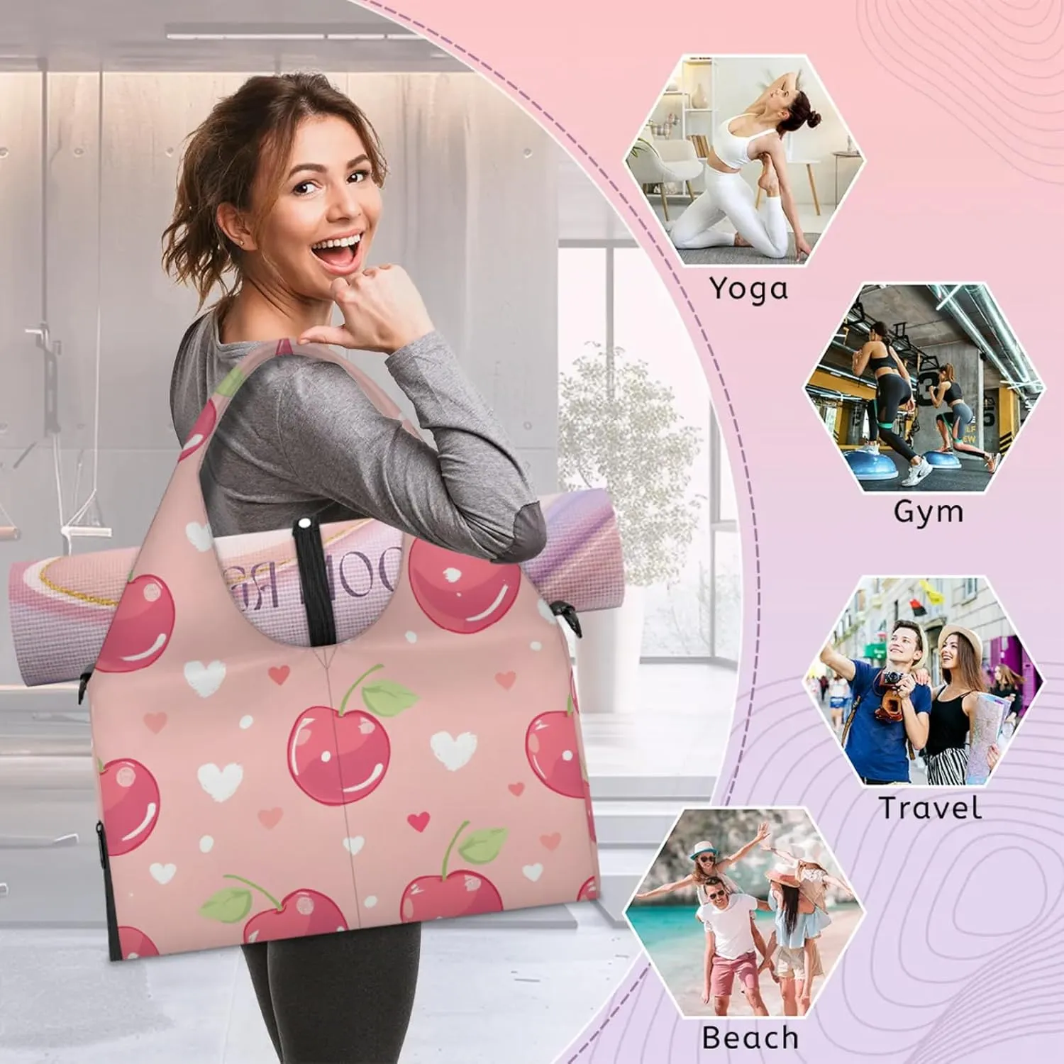 Gym Bag for Women Cherry Love Hearts Duffel Bag with Shoe Compartment and Yoga Mat Holder Portable Weekender Bags Travel Tote Bags